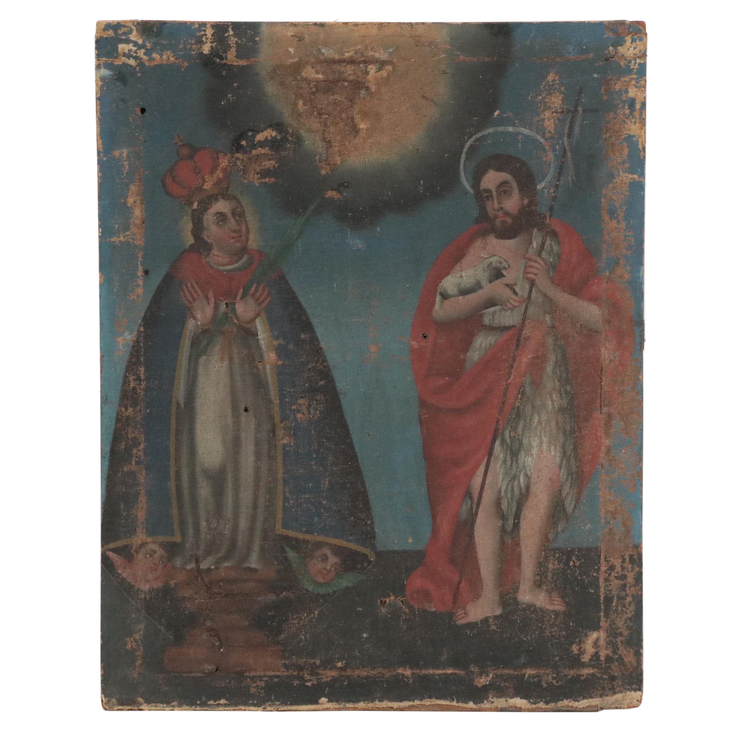 Spanish Colonial Retablo Painting of the Blessed Virgin, Christ and Holy Spirit
