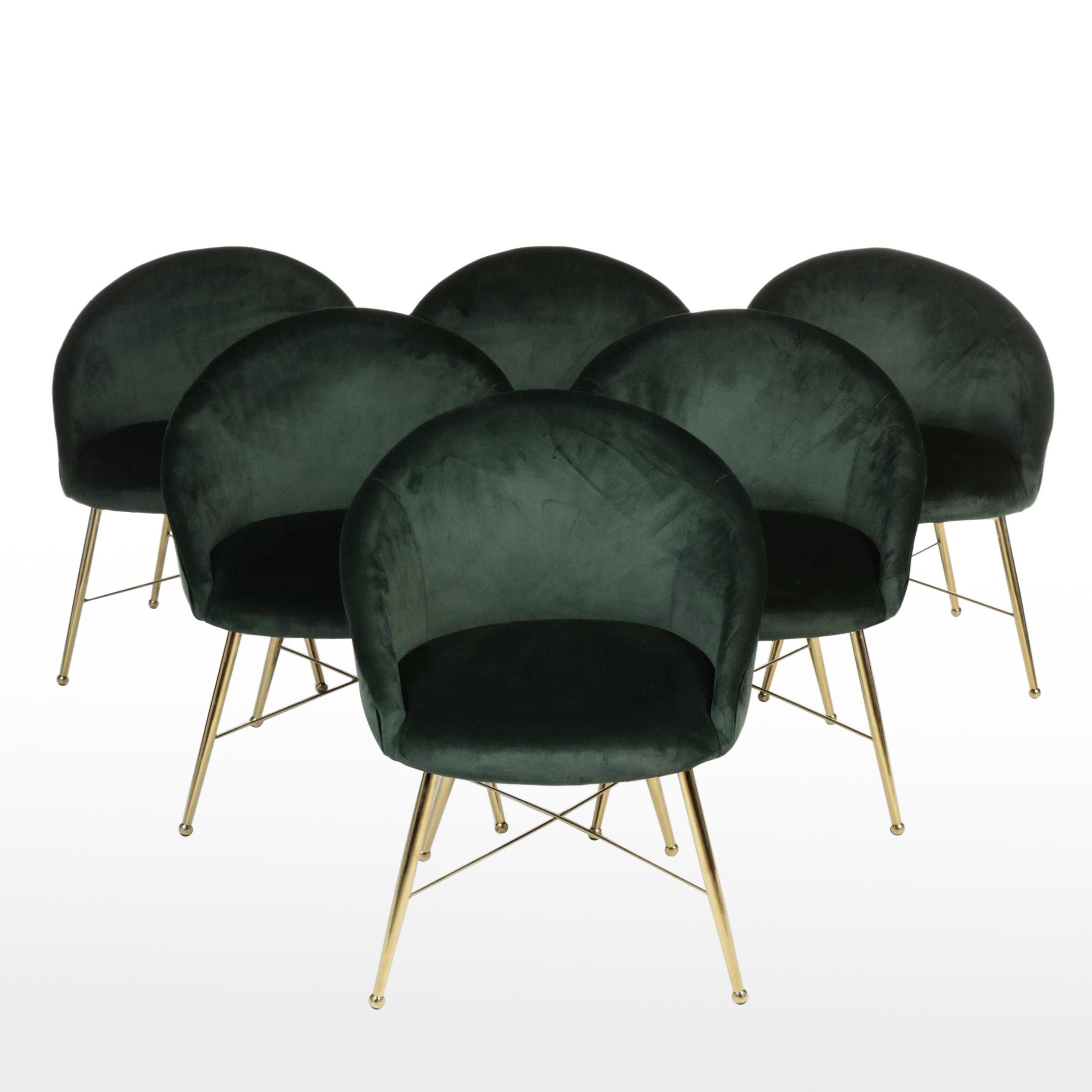 Set of Six Green Velour Upholstered Dining Chairs