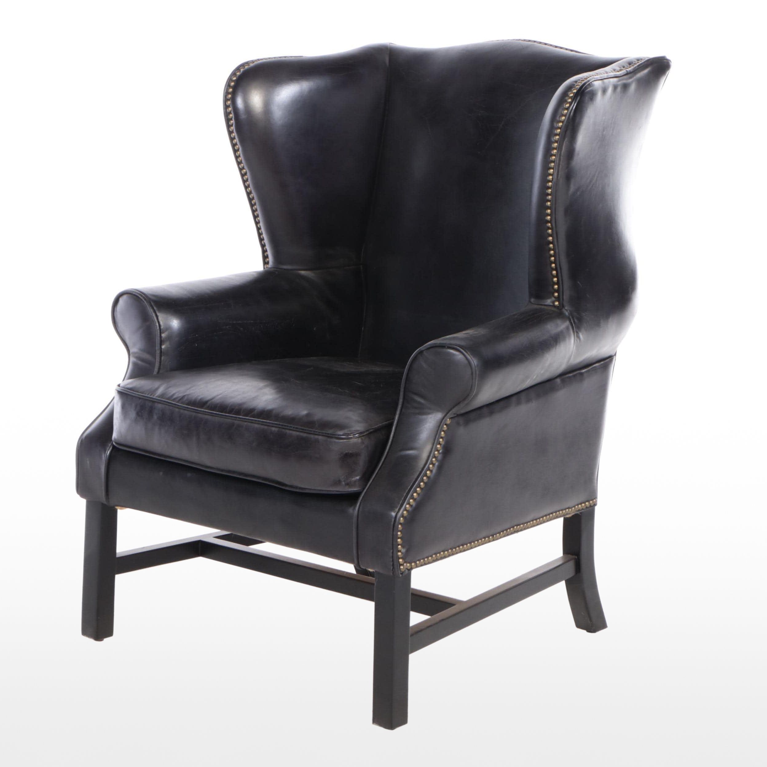 Chippendale Style Black Leather Wingback Armchair with Nailheads