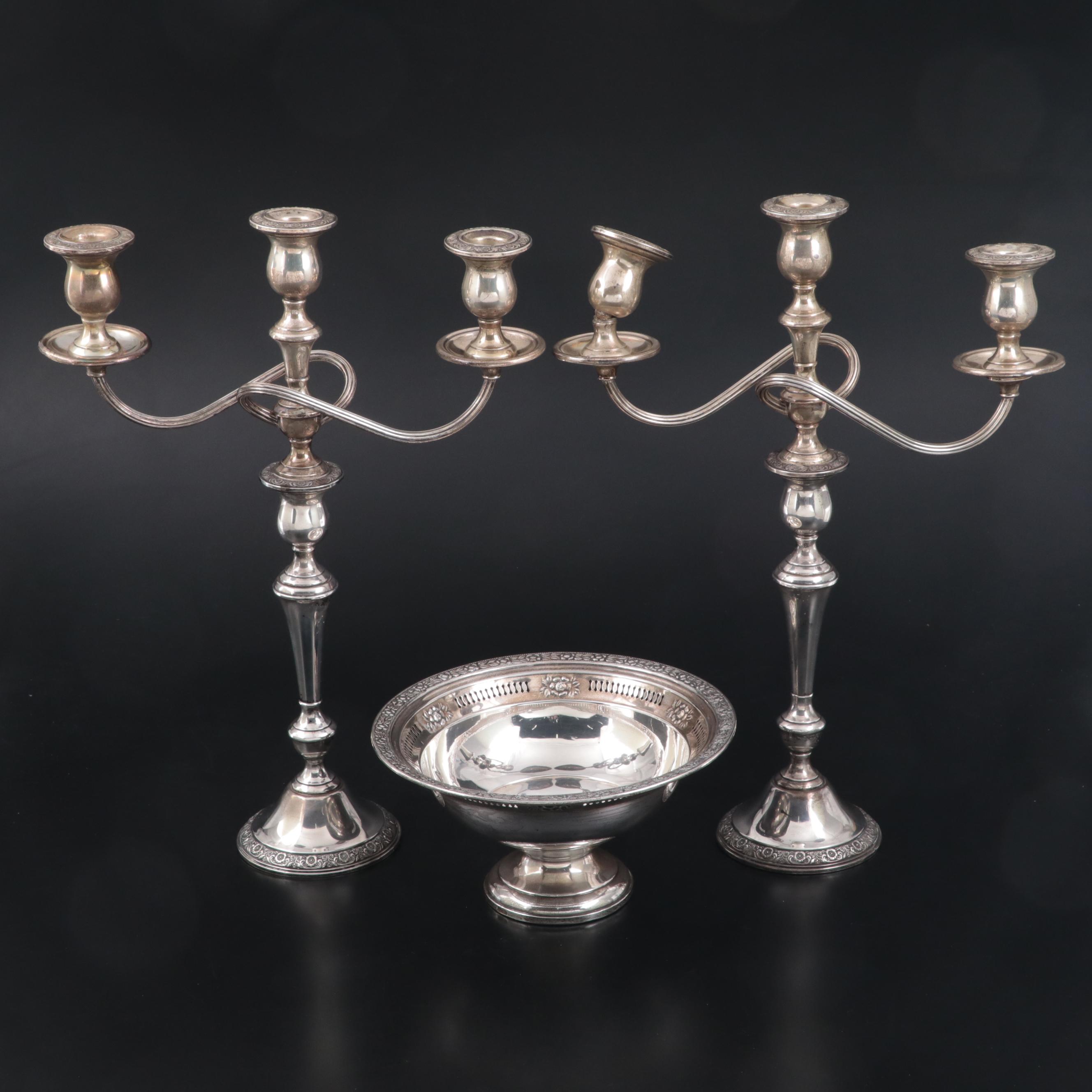 International Sterling Silver Candelabras with Columbia Sterling Silver Bowl