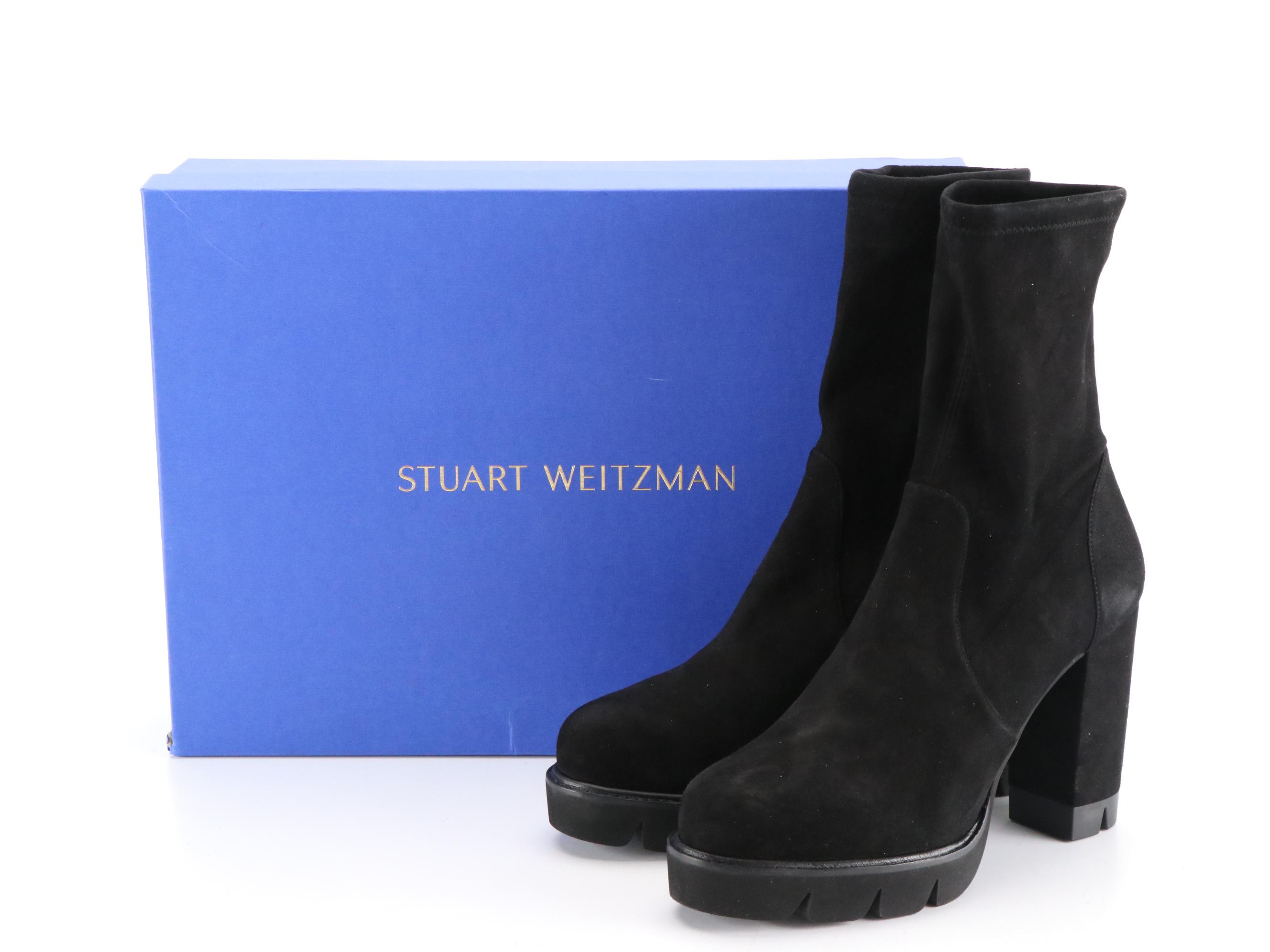 Stuart Weitzman Black Suede Platform Sock Booties in Box