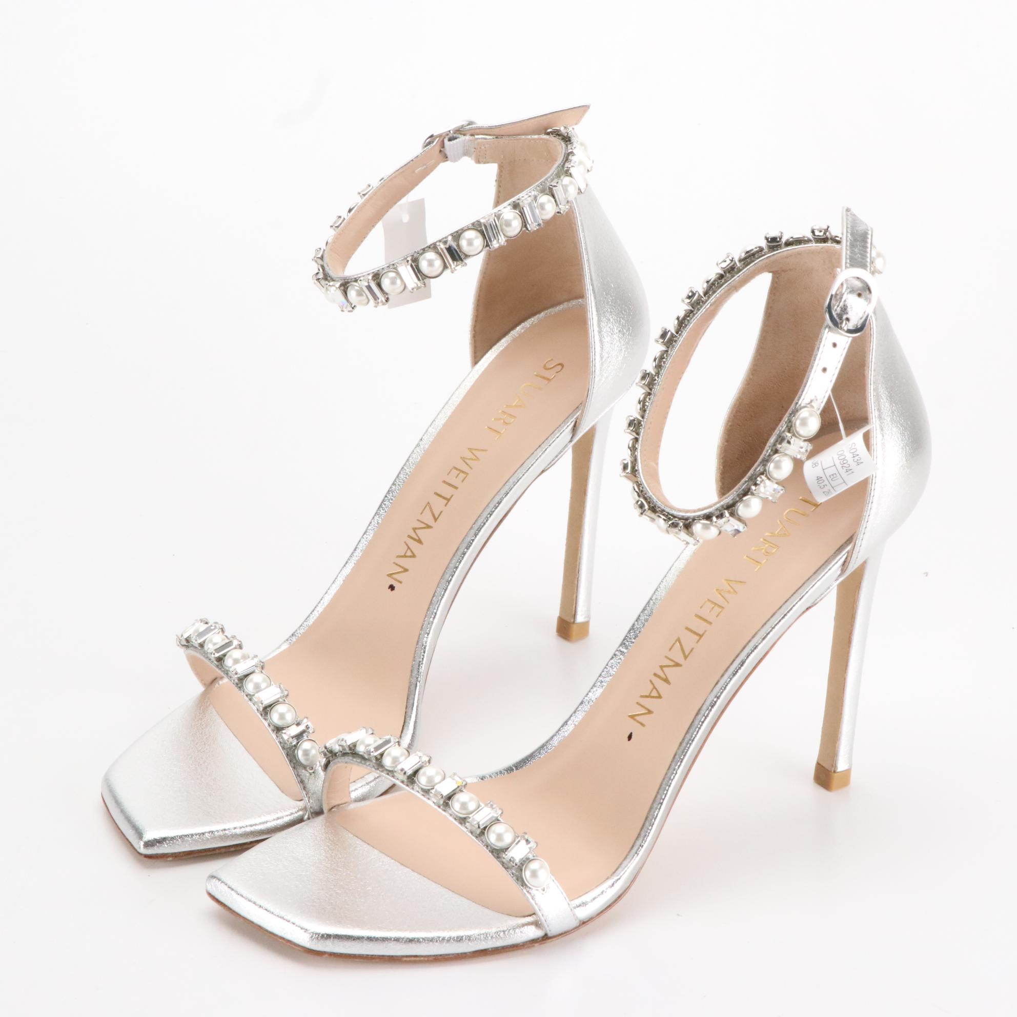 Stuart Weitzman Black and Embellished Silver High Heeled Sandals, New in Box