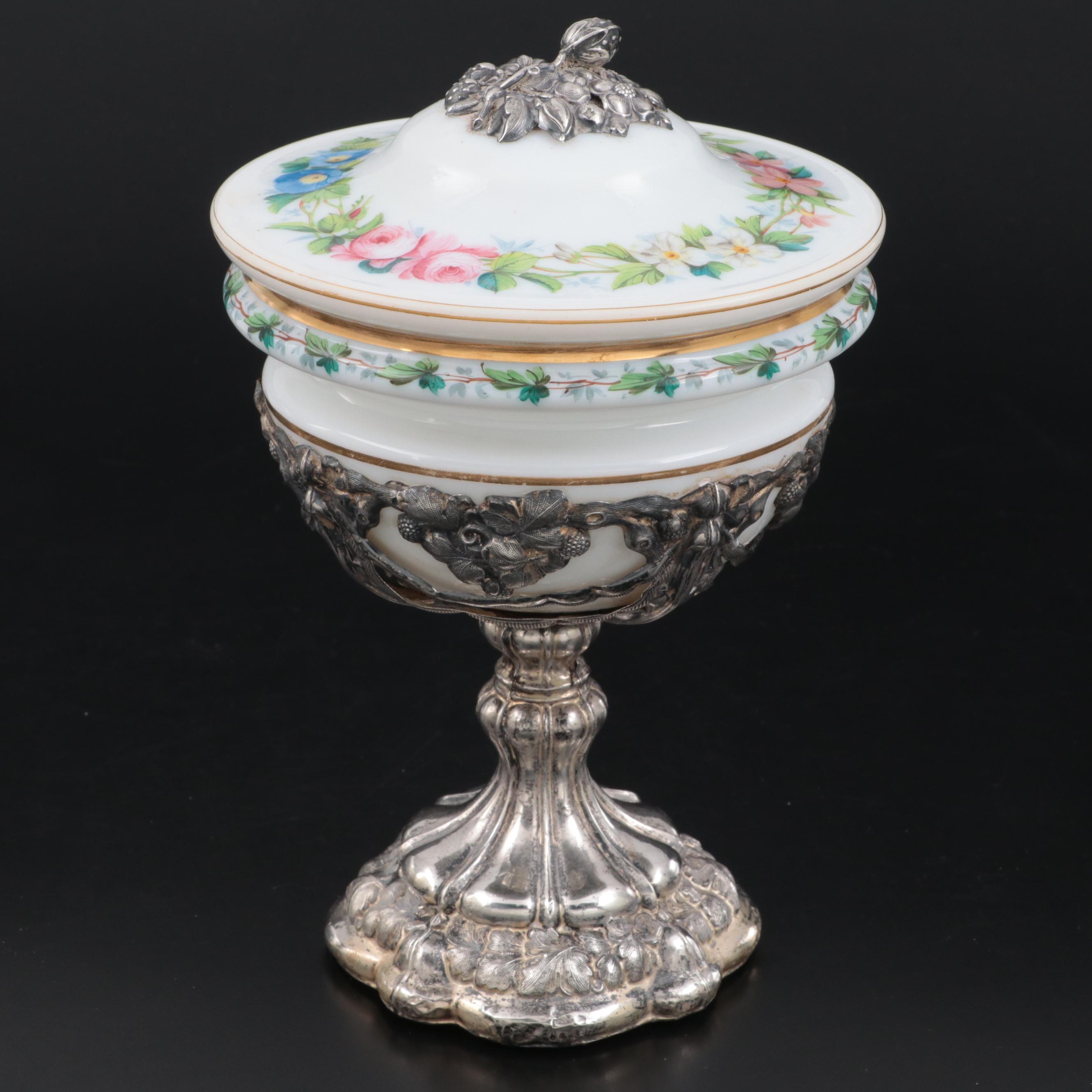 European Hand-Painted Opaque Glass Covered Cup with 800 Silver Base and Knob