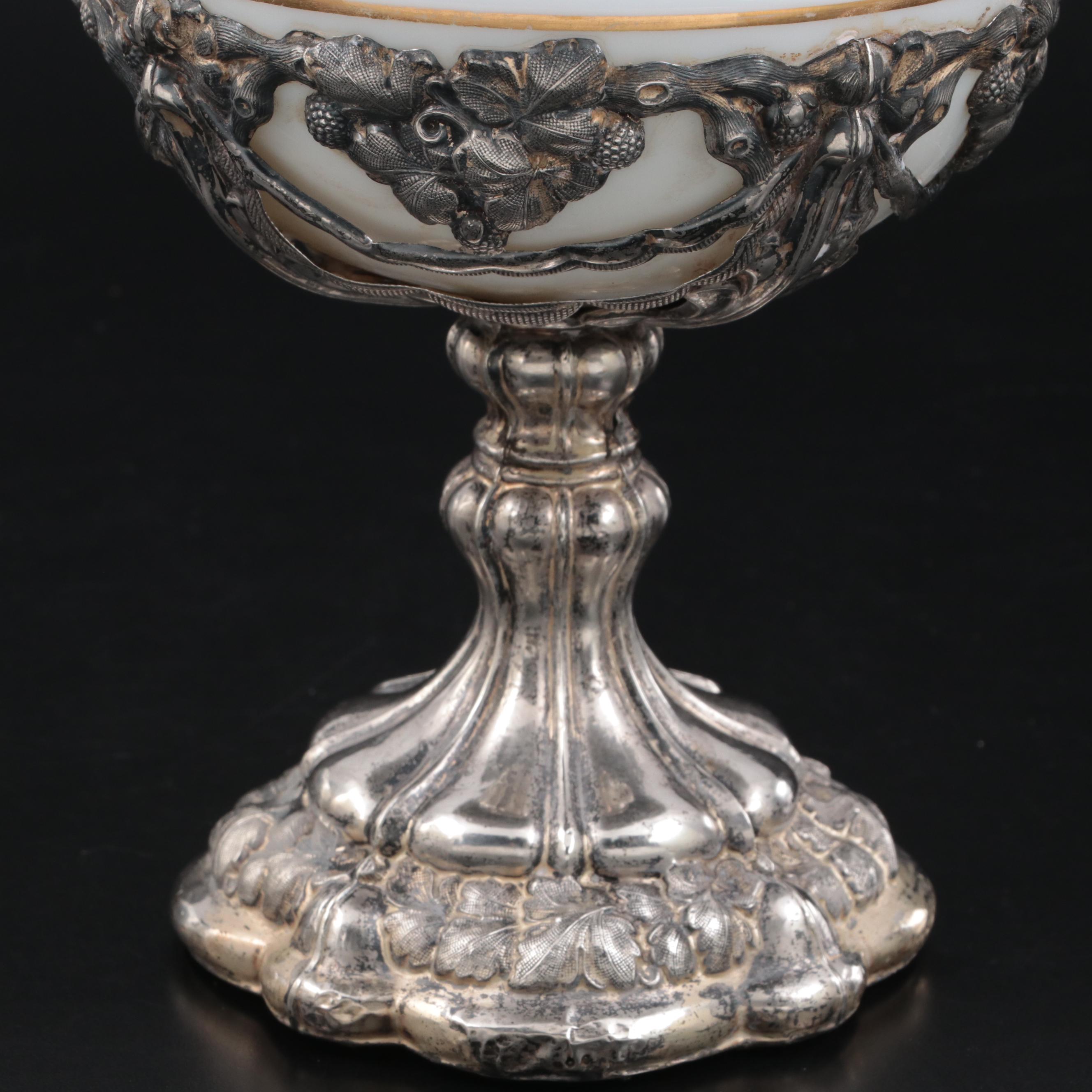 European Hand-Painted Opaque Glass Covered Cup with 800 Silver Base and Knob