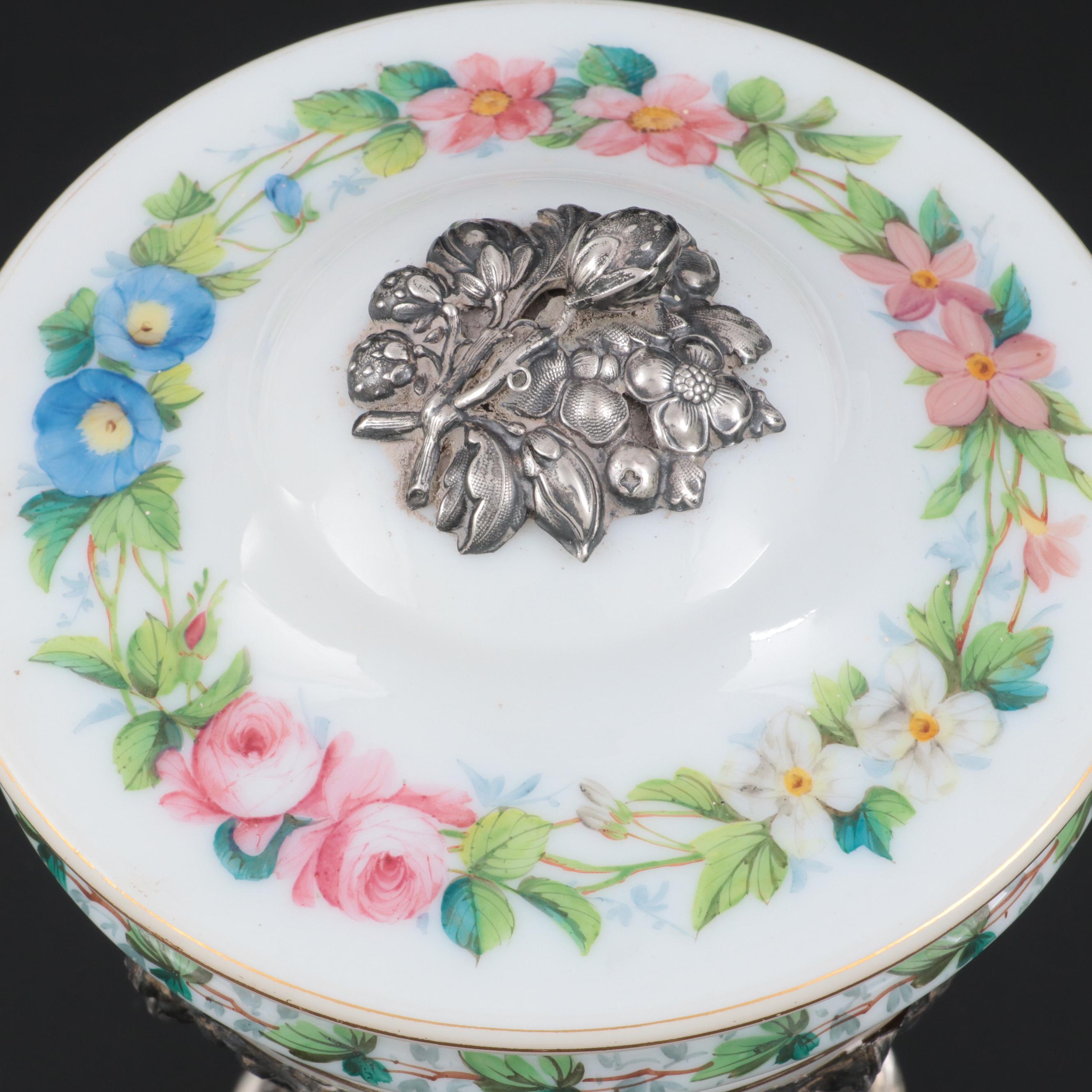 European Hand-Painted Opaque Glass Covered Cup with 800 Silver Base and Knob