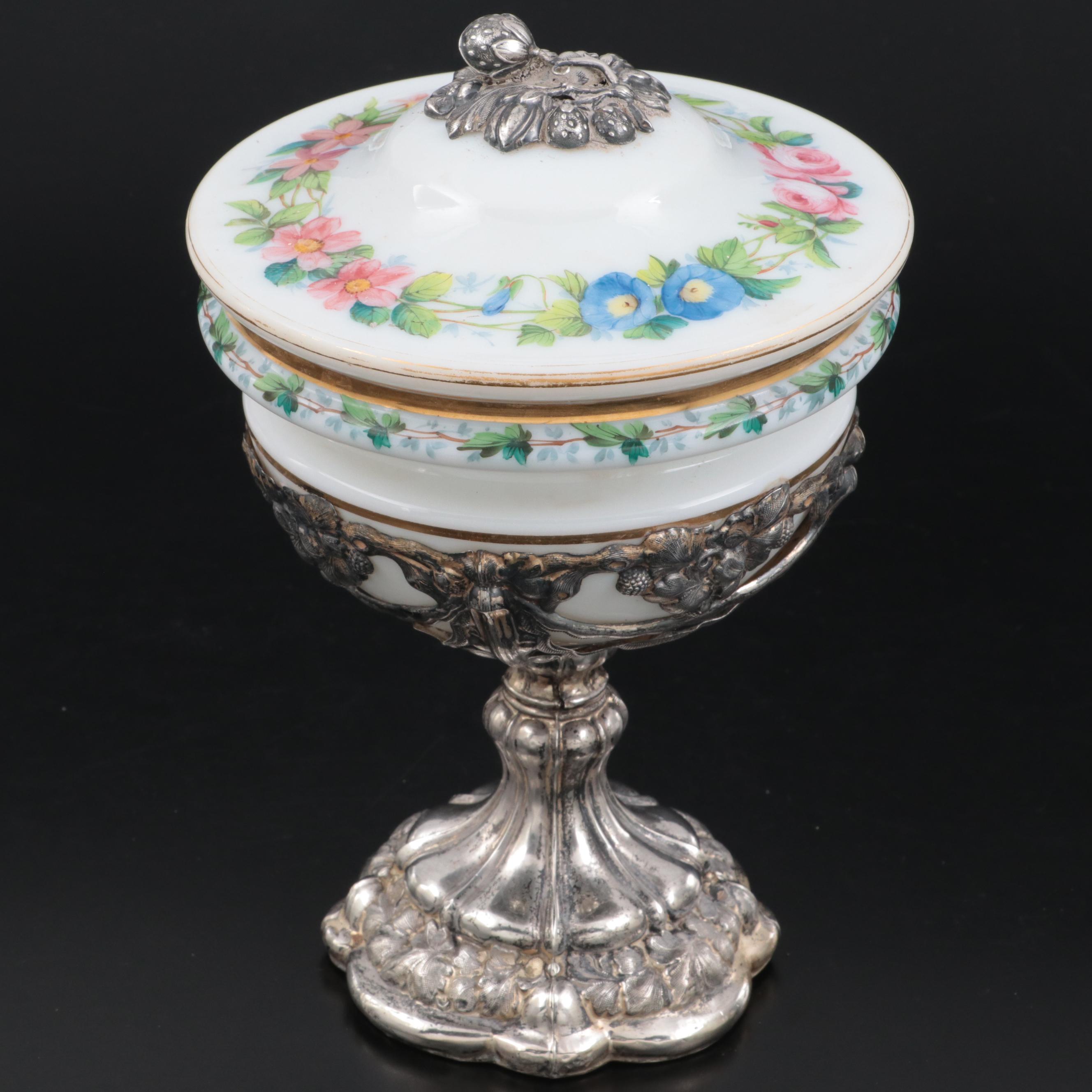 European Hand-Painted Opaque Glass Covered Cup with 800 Silver Base and Knob