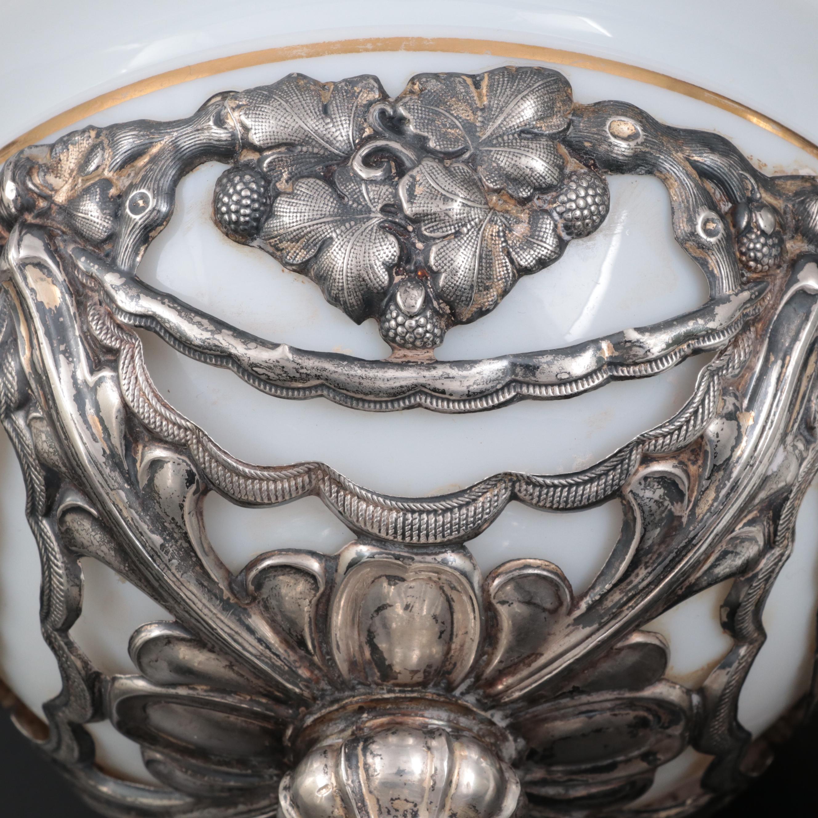European Hand-Painted Opaque Glass Covered Cup with 800 Silver Base and Knob