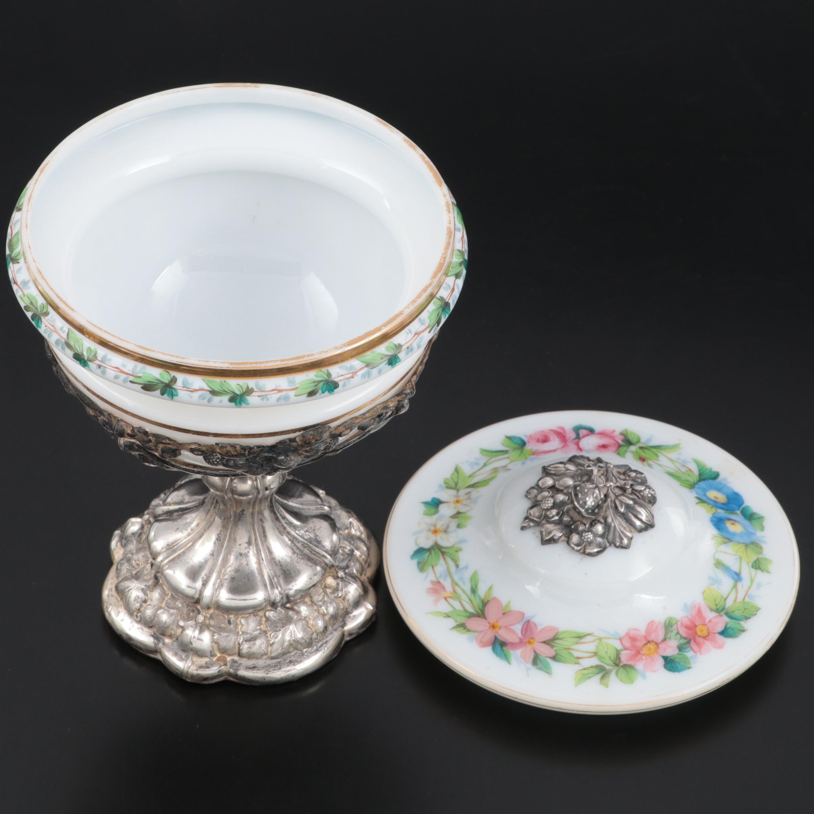 European Hand-Painted Opaque Glass Covered Cup with 800 Silver Base and Knob