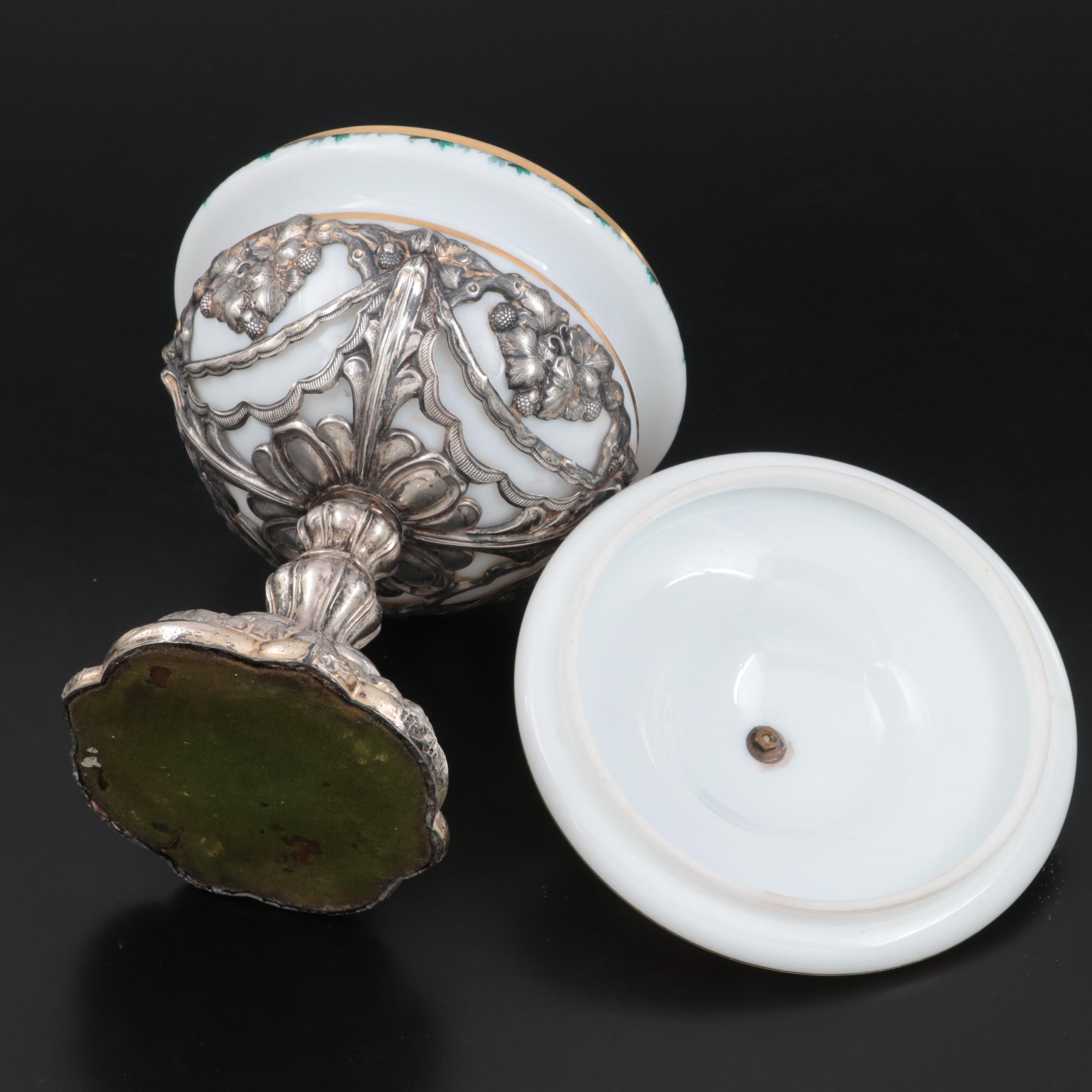 European Hand-Painted Opaque Glass Covered Cup with 800 Silver Base and Knob