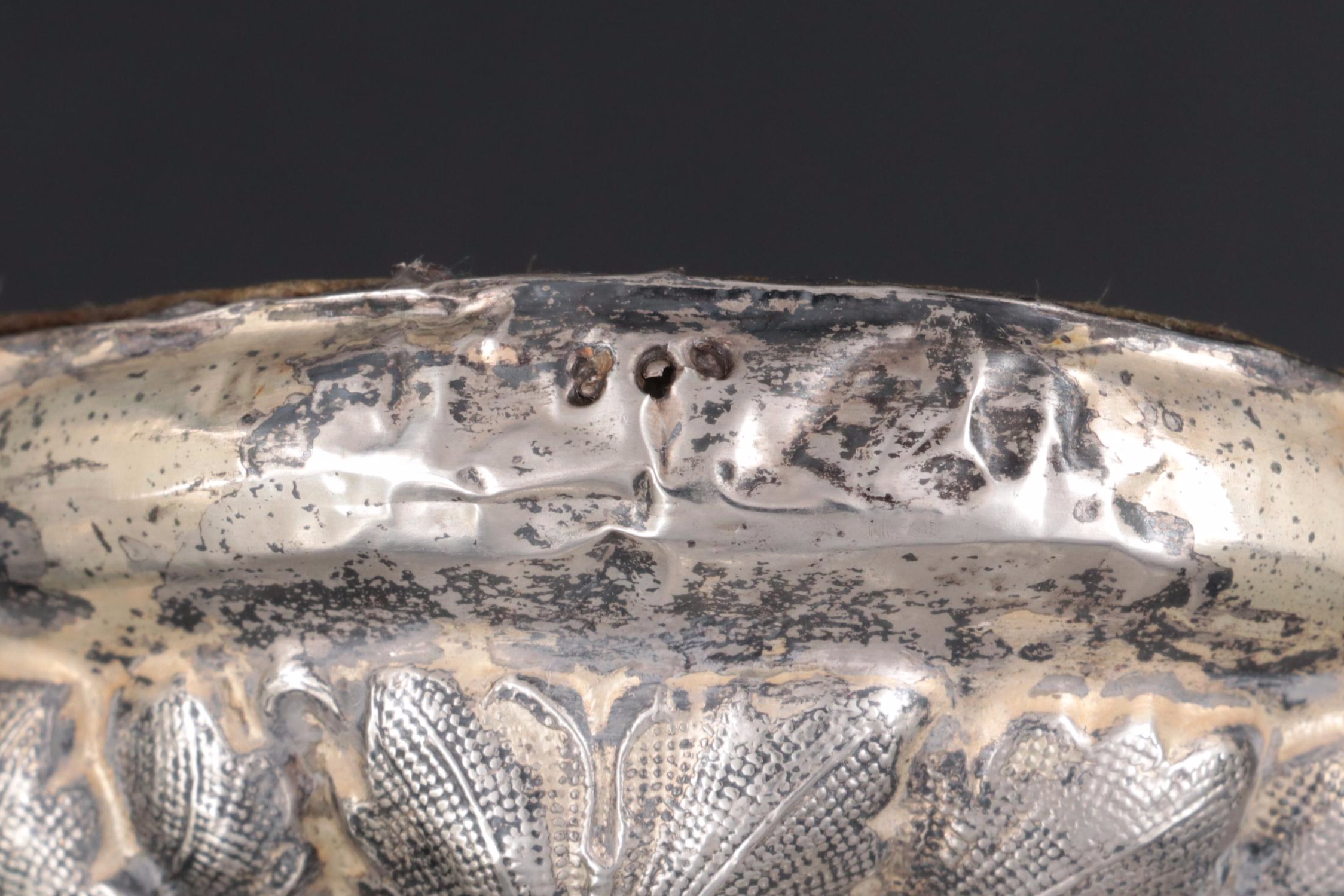 European Hand-Painted Opaque Glass Covered Cup with 800 Silver Base and Knob