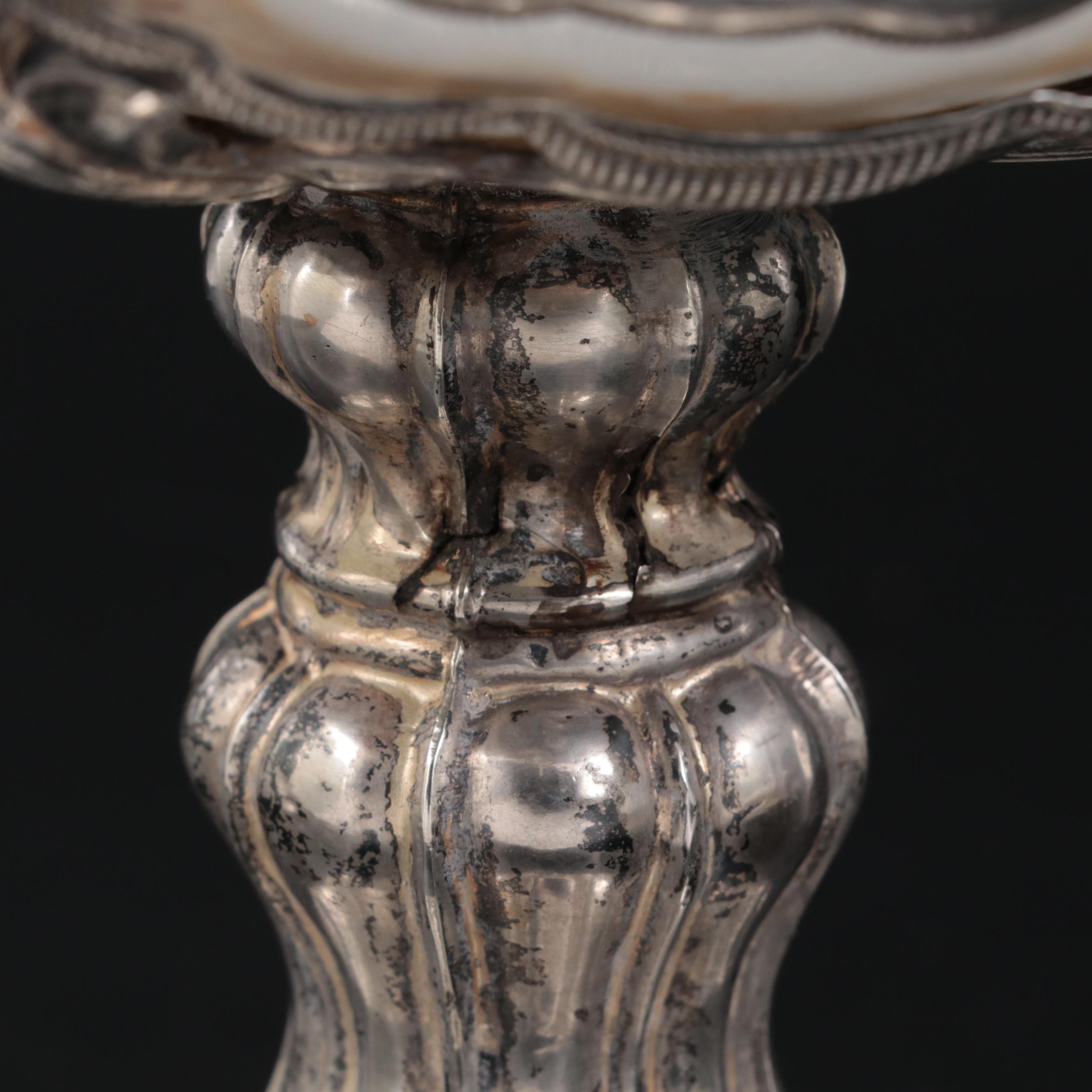 European Hand-Painted Opaque Glass Covered Cup with 800 Silver Base and Knob