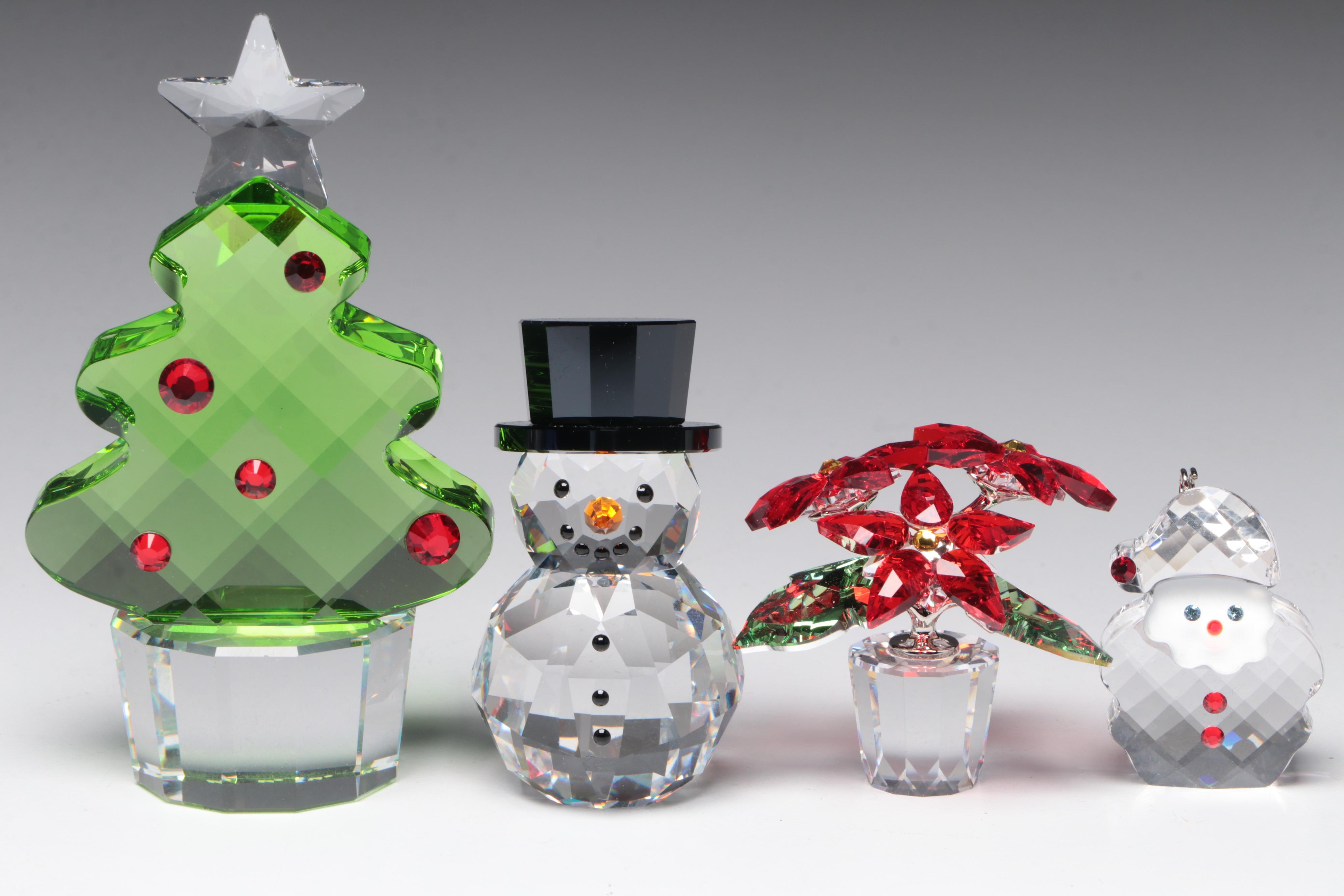 Swarovski Crystal Ornaments Featuring a Poinsettia and Christmas Tree