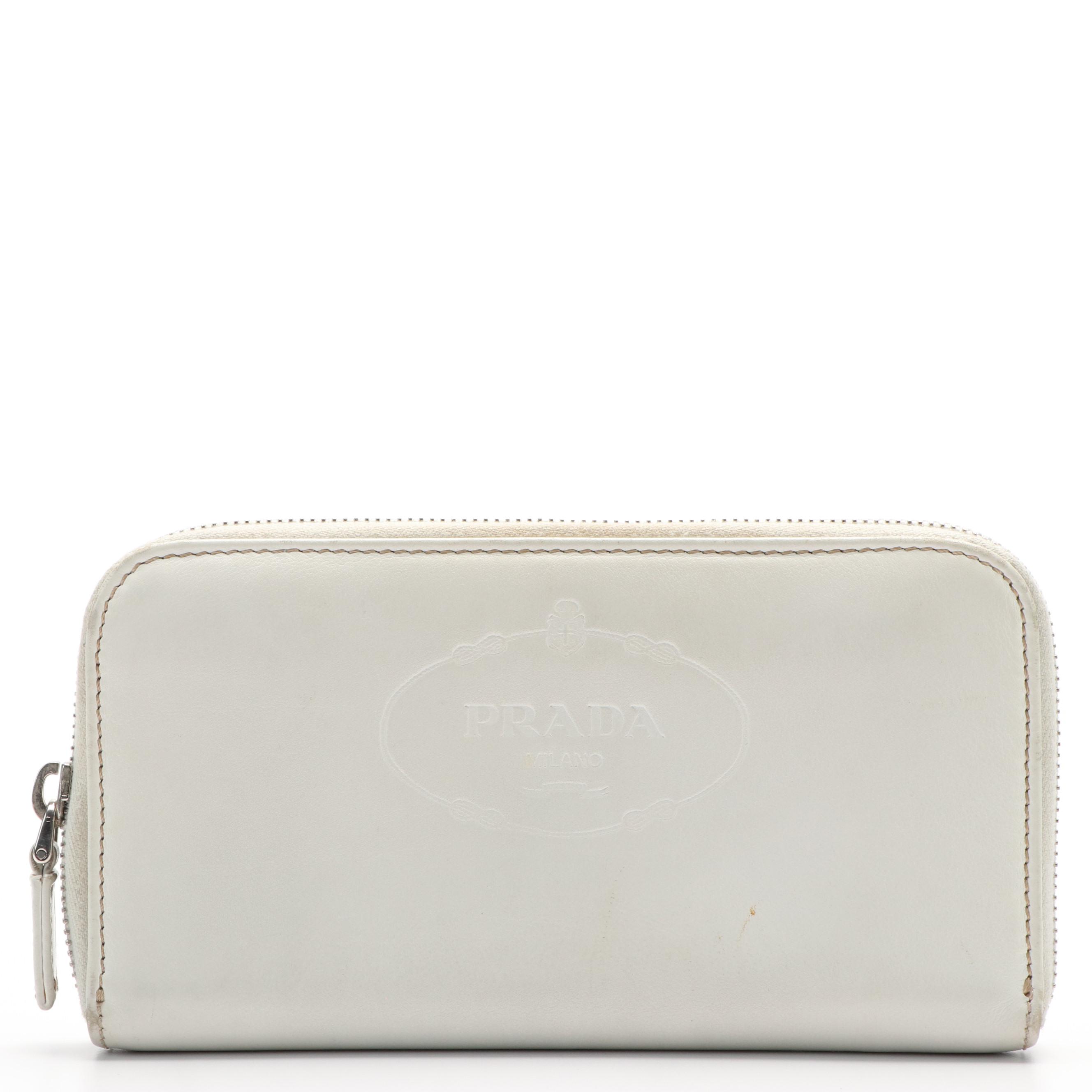 Prada White Leather  Zip Around Wallet