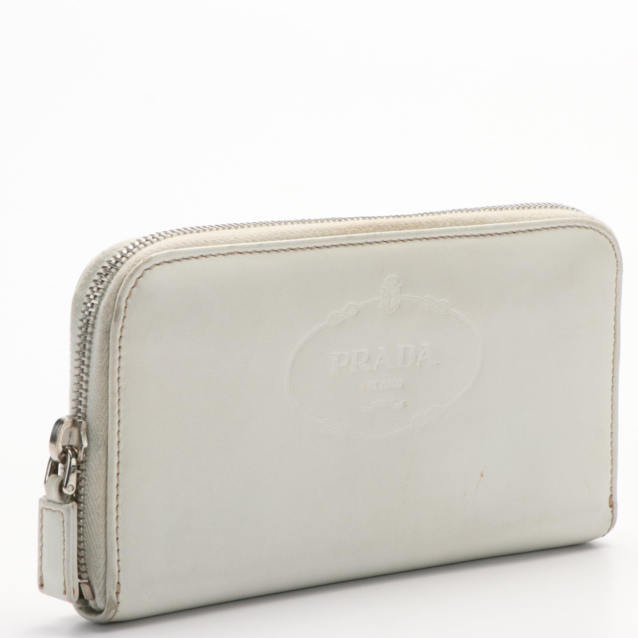 Prada White Leather  Zip Around Wallet