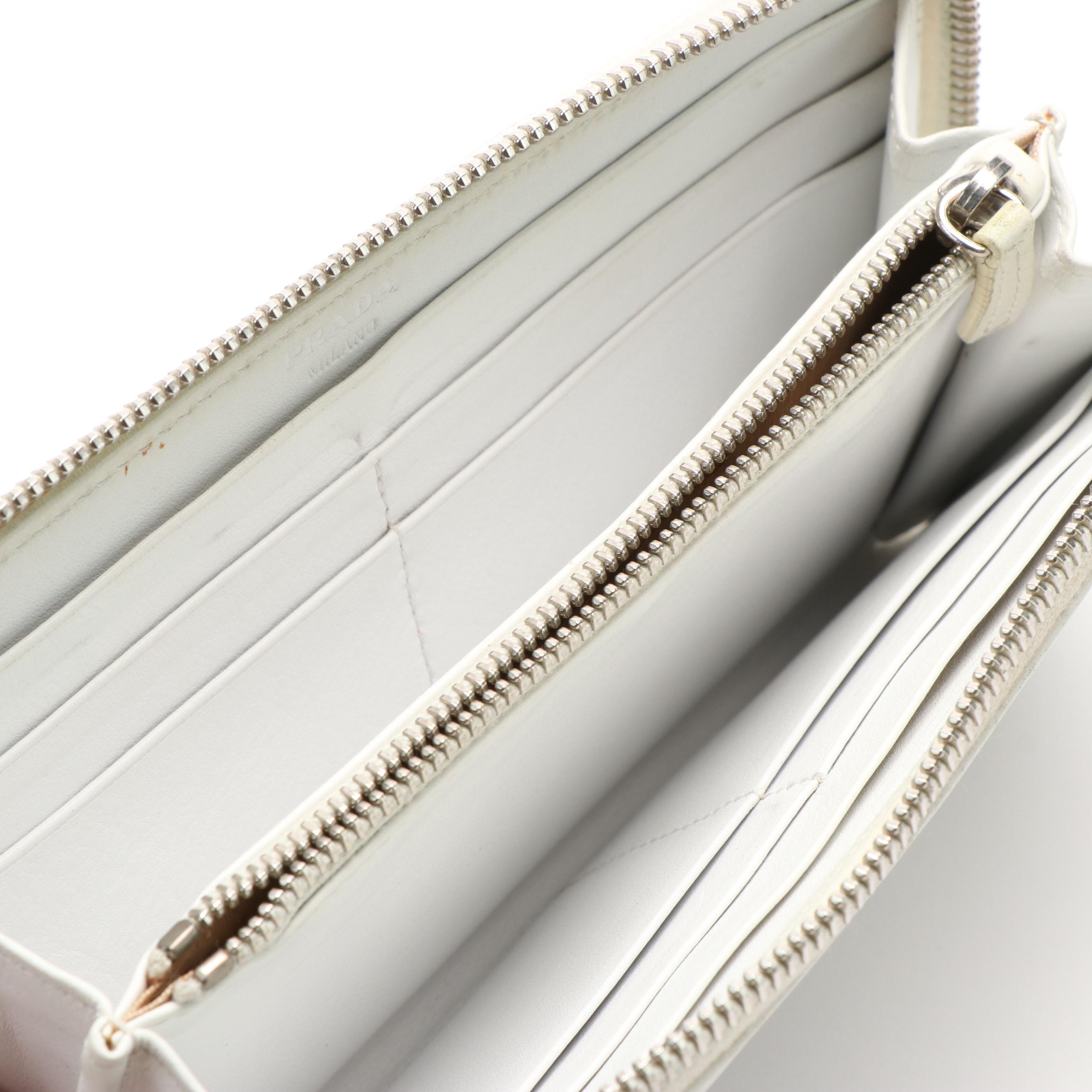 Prada White Leather  Zip Around Wallet