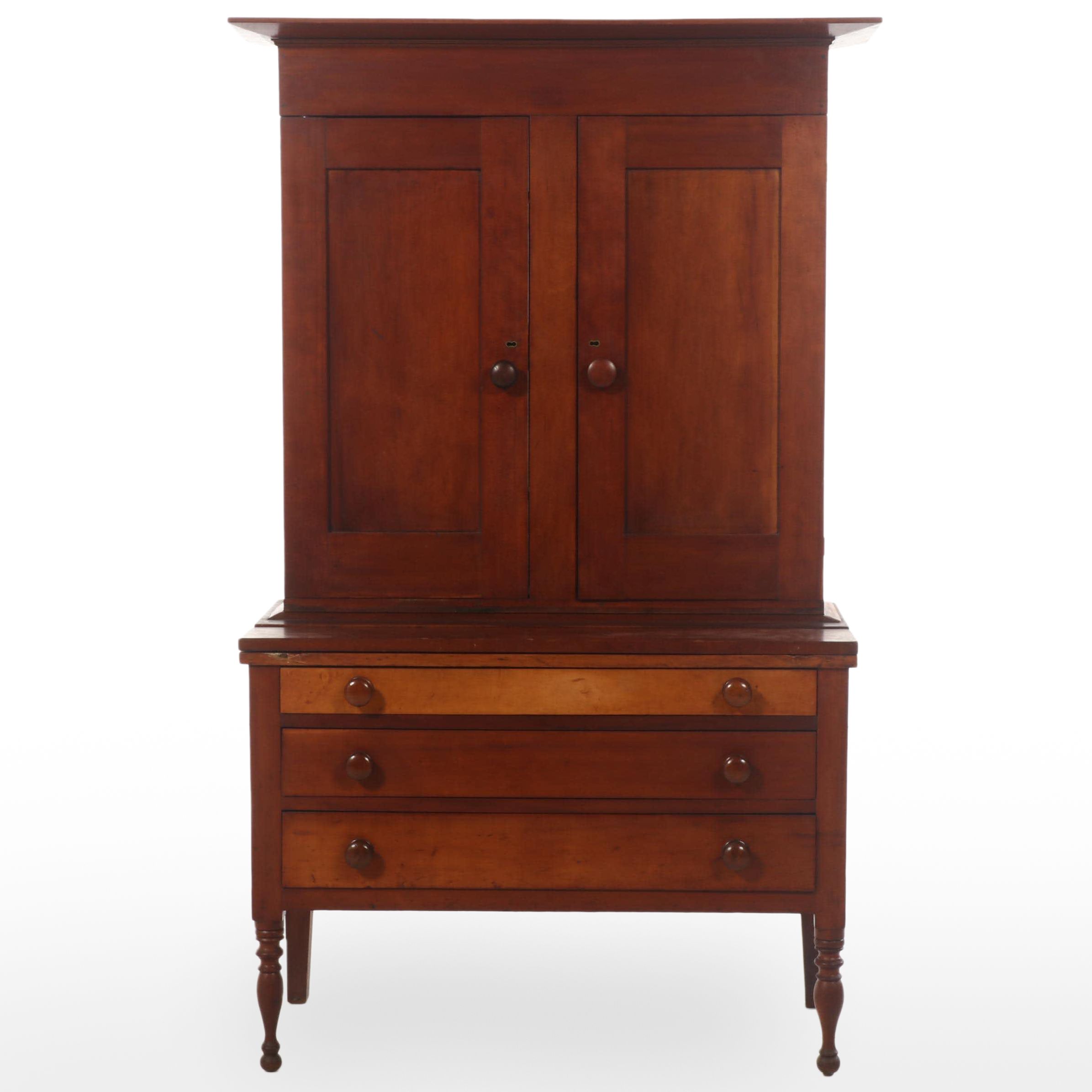 American Primitive Mixed Hardwoods Cherry-Finish Bookcase-on-Table, Mid-19th C