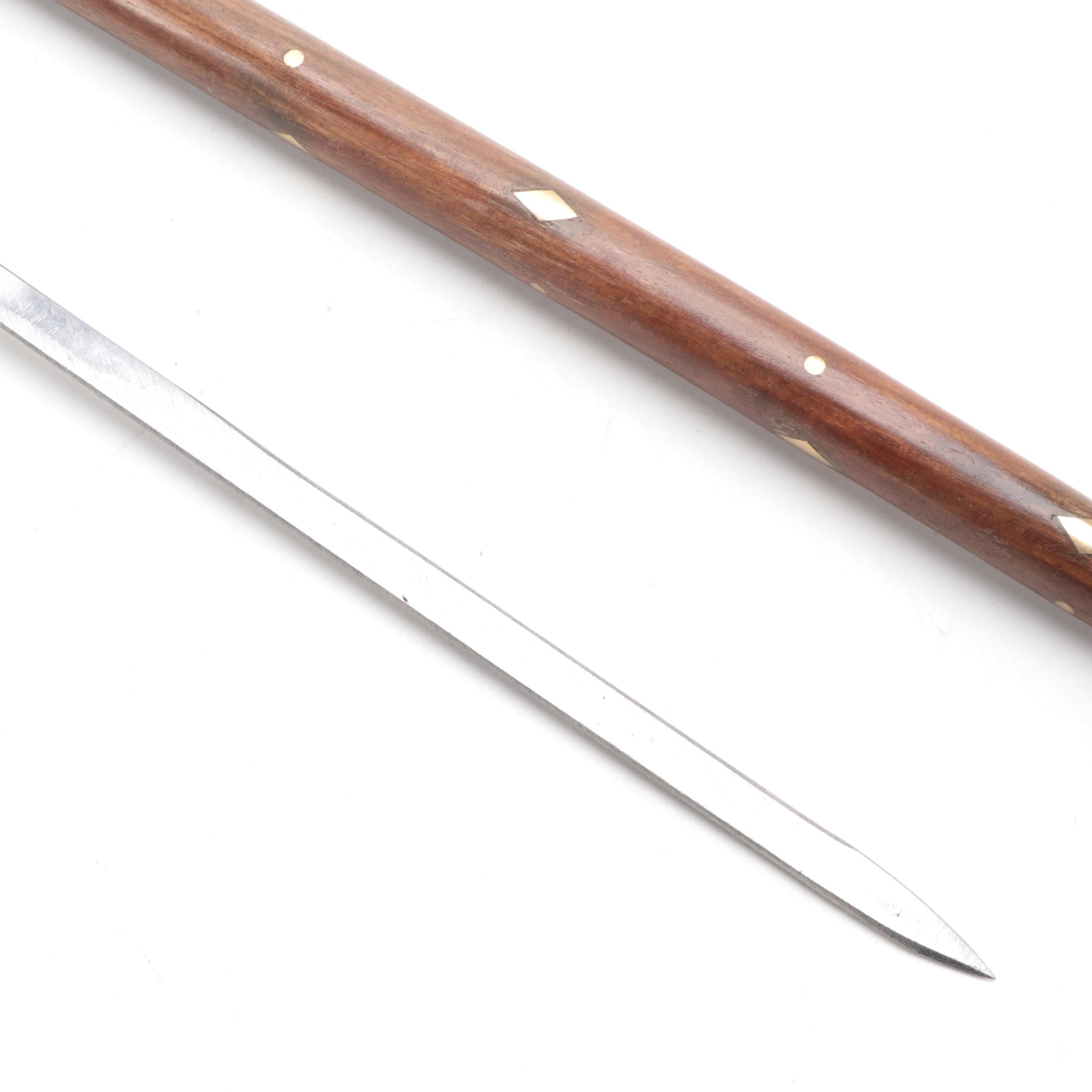 Carved Wood and Brass Inlay Sword Cane