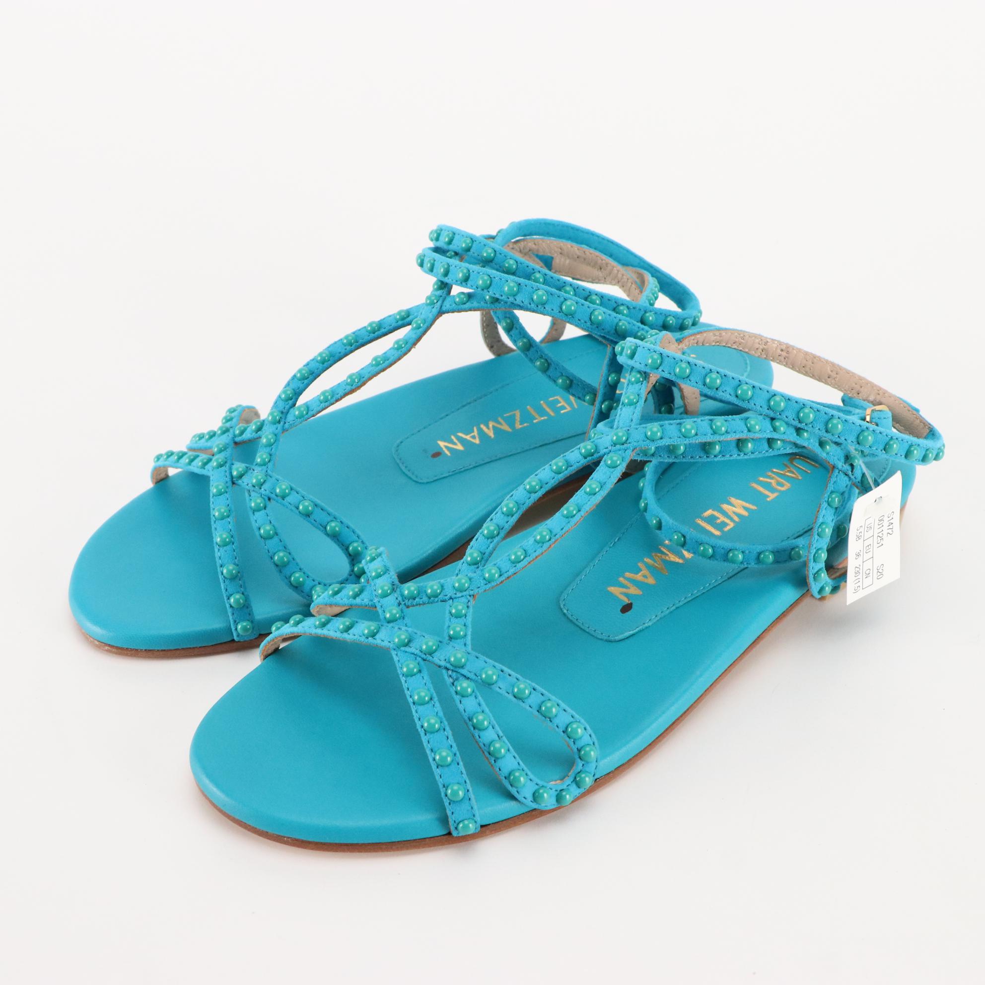 Stuart Weitzman Flat Sandals in Silver, Teal, & Orange Leather, New in Box