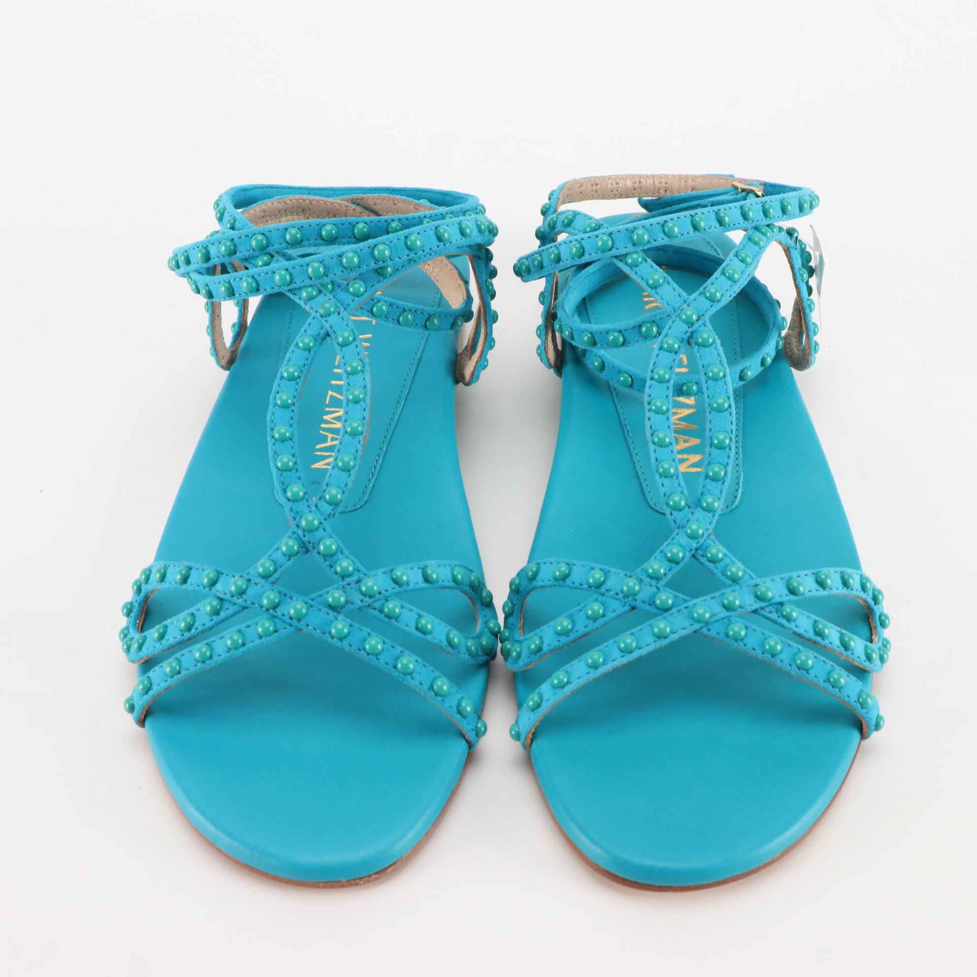 Stuart Weitzman Flat Sandals in Silver, Teal, & Orange Leather, New in Box