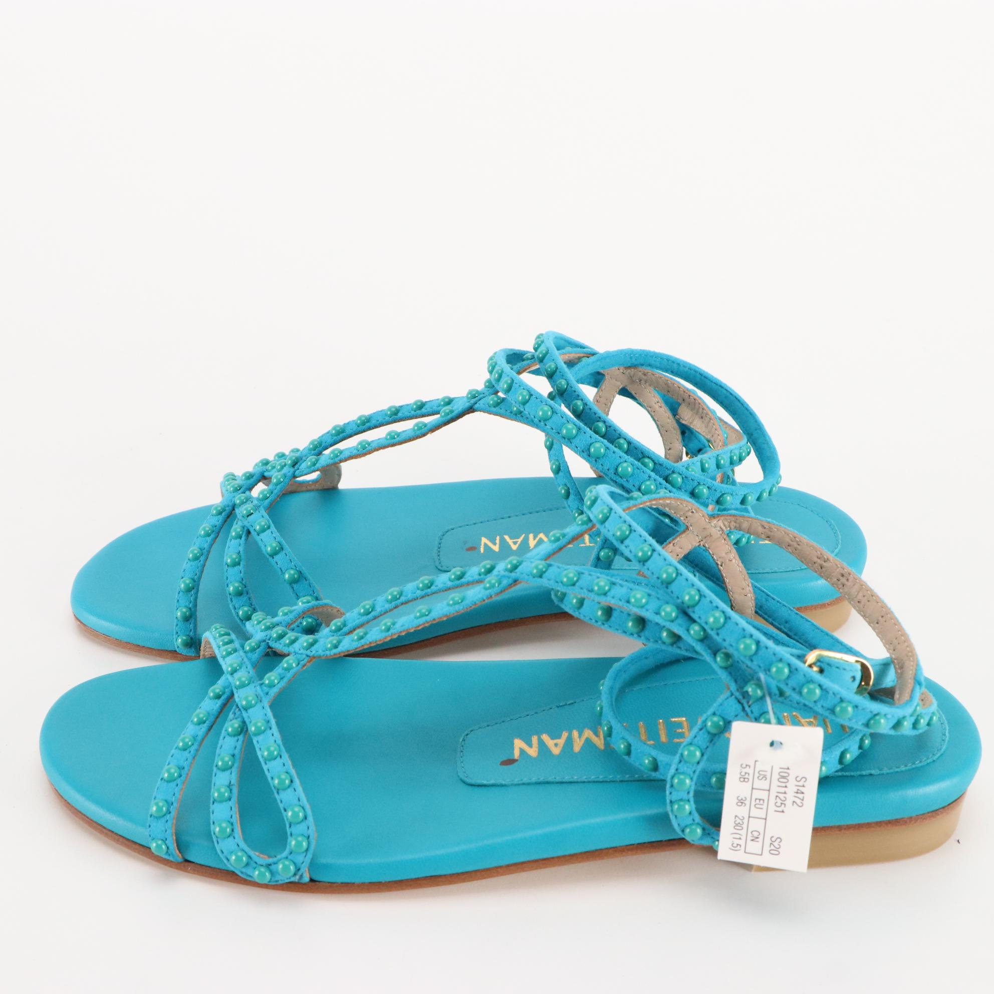 Stuart Weitzman Flat Sandals in Silver, Teal, & Orange Leather, New in Box
