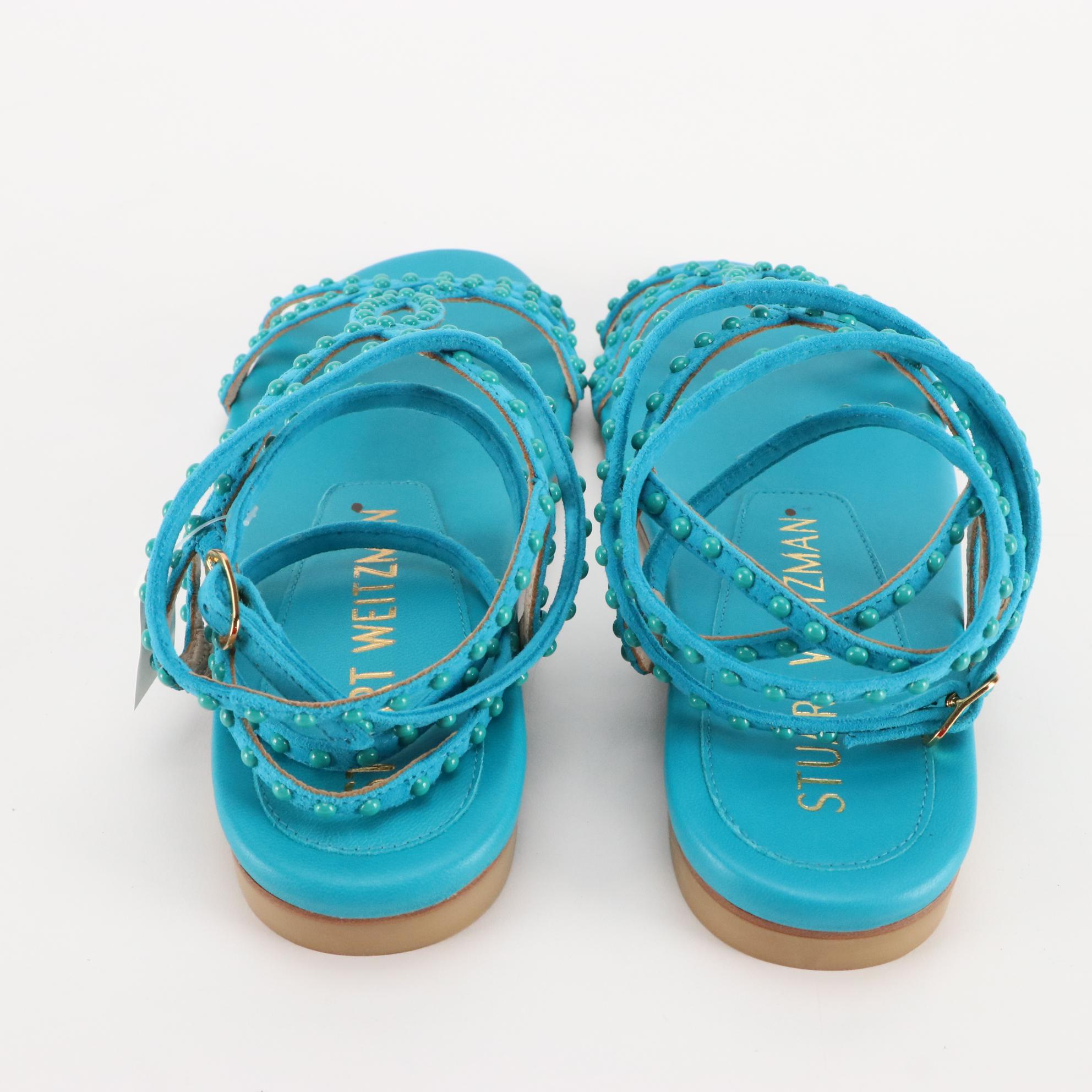 Stuart Weitzman Flat Sandals in Silver, Teal, & Orange Leather, New in Box