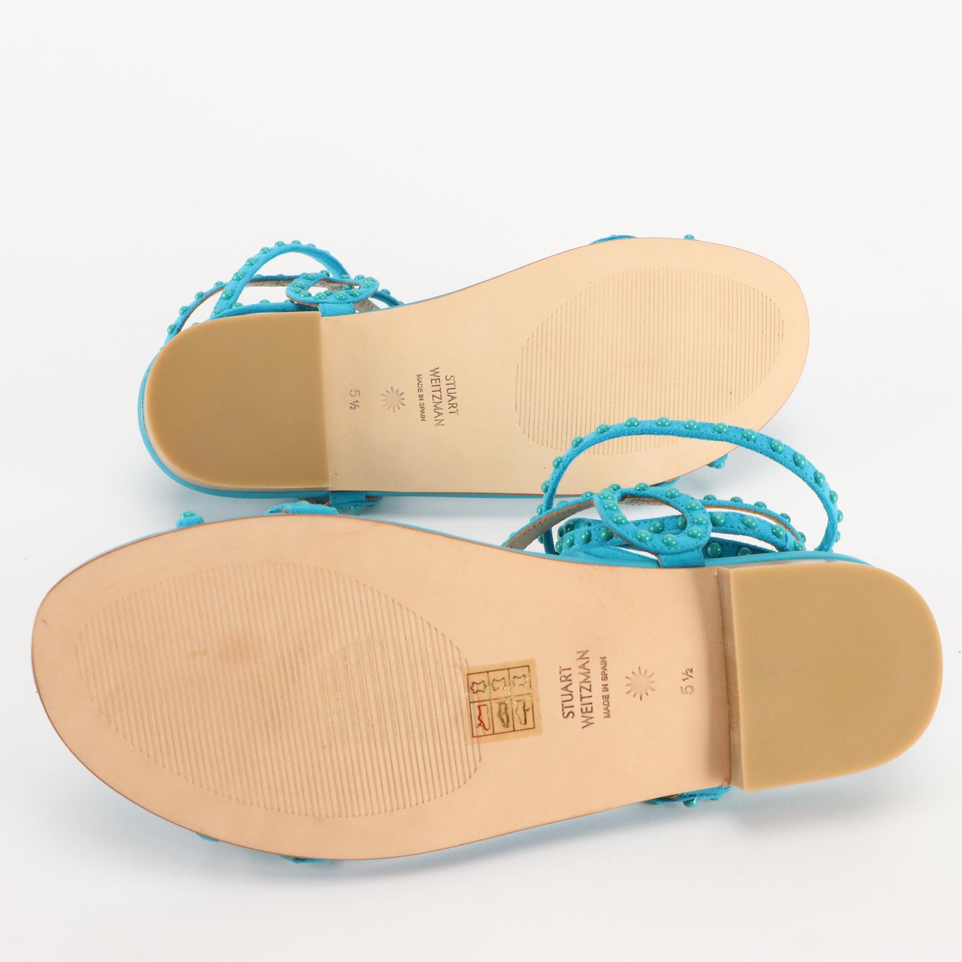 Stuart Weitzman Flat Sandals in Silver, Teal, & Orange Leather, New in Box