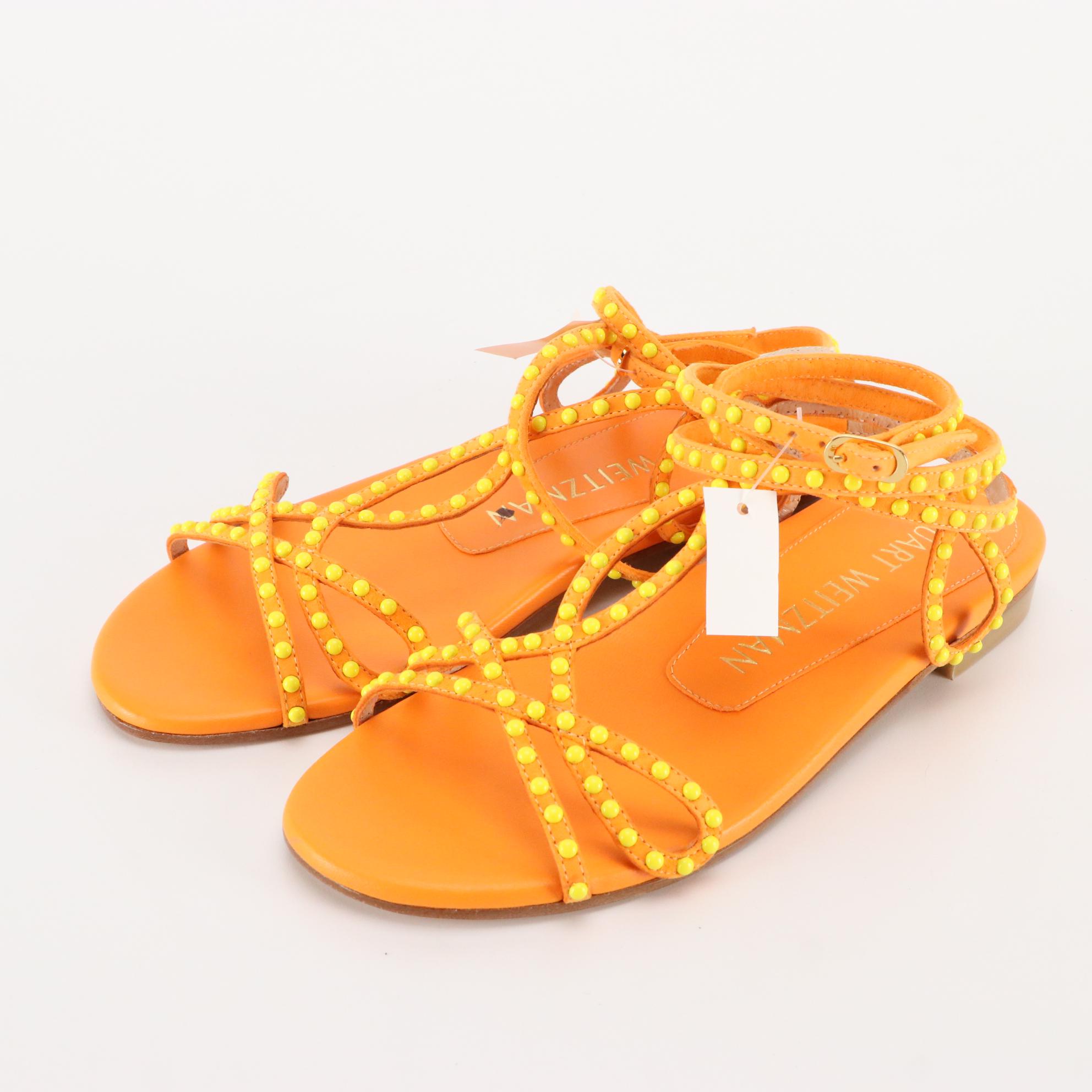 Stuart Weitzman Flat Sandals in Silver, Teal, & Orange Leather, New in Box