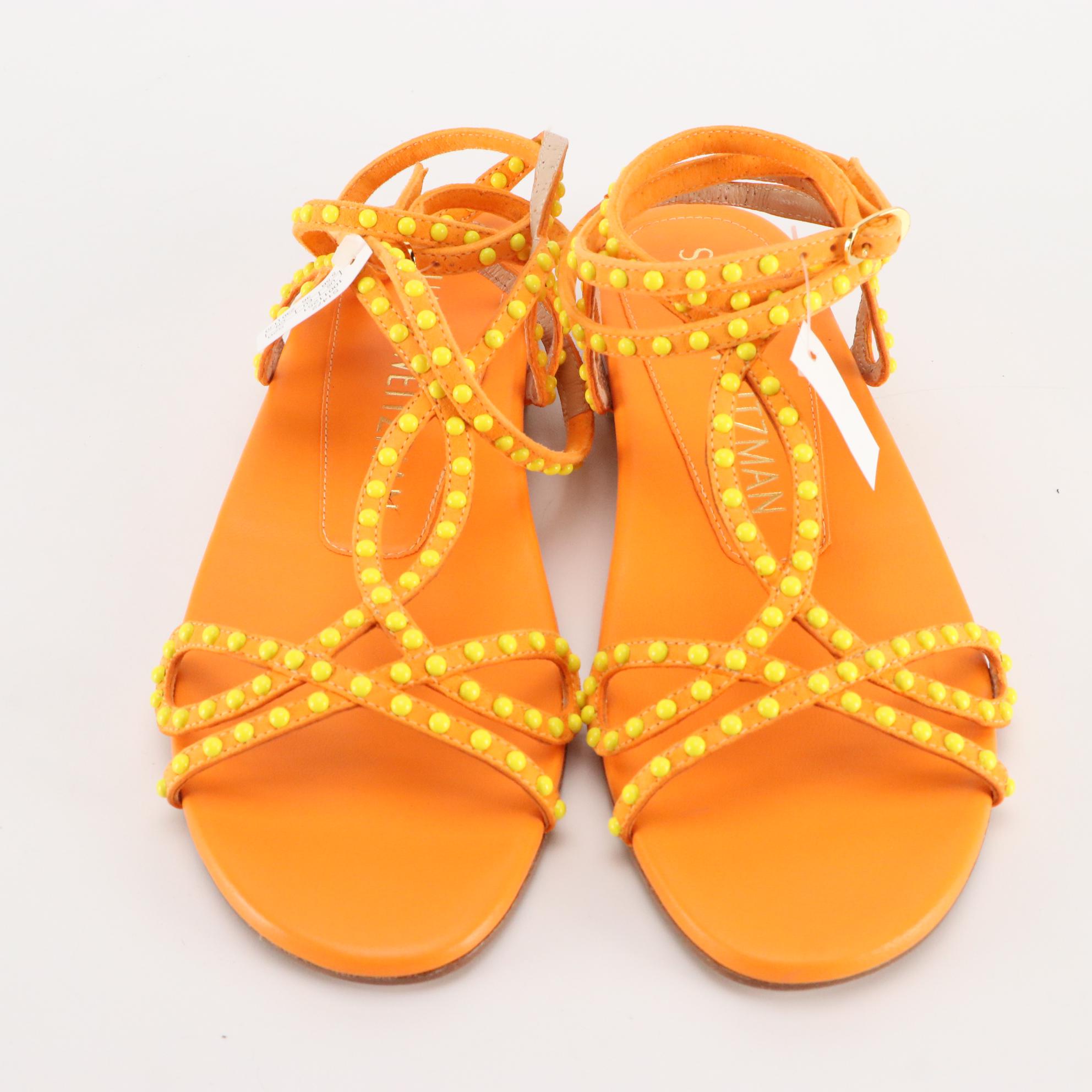 Stuart Weitzman Flat Sandals in Silver, Teal, & Orange Leather, New in Box