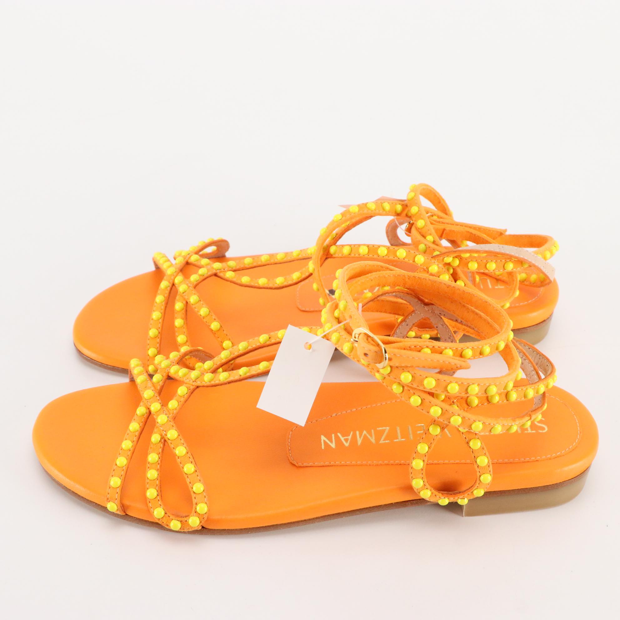 Stuart Weitzman Flat Sandals in Silver, Teal, & Orange Leather, New in Box