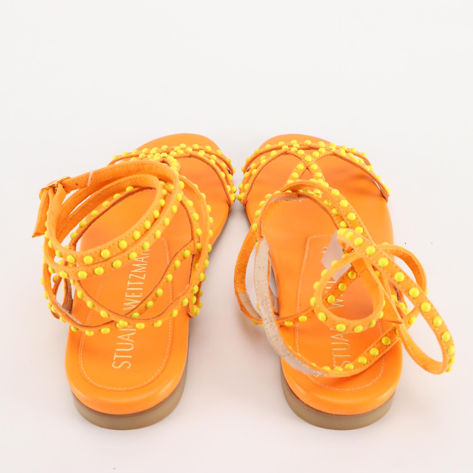 Stuart Weitzman Flat Sandals in Silver, Teal, & Orange Leather, New in Box