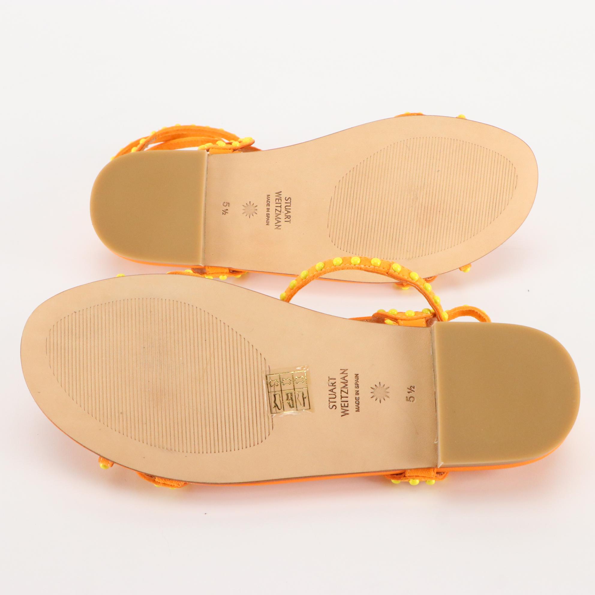 Stuart Weitzman Flat Sandals in Silver, Teal, & Orange Leather, New in Box