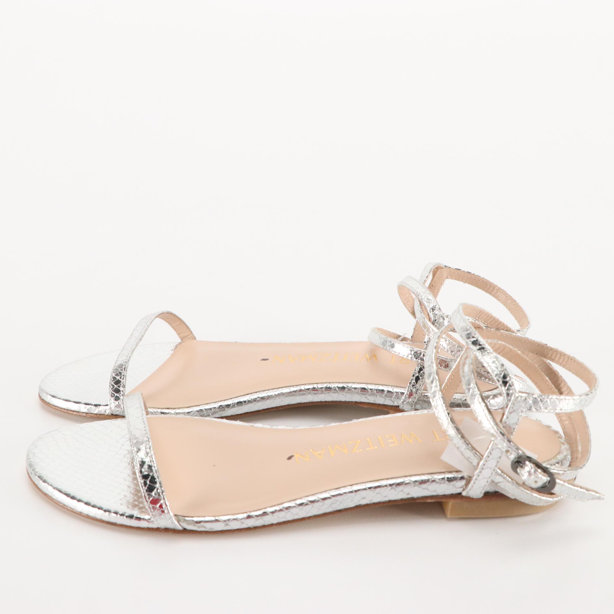 Stuart Weitzman Flat Sandals in Silver, Teal, & Orange Leather, New in Box