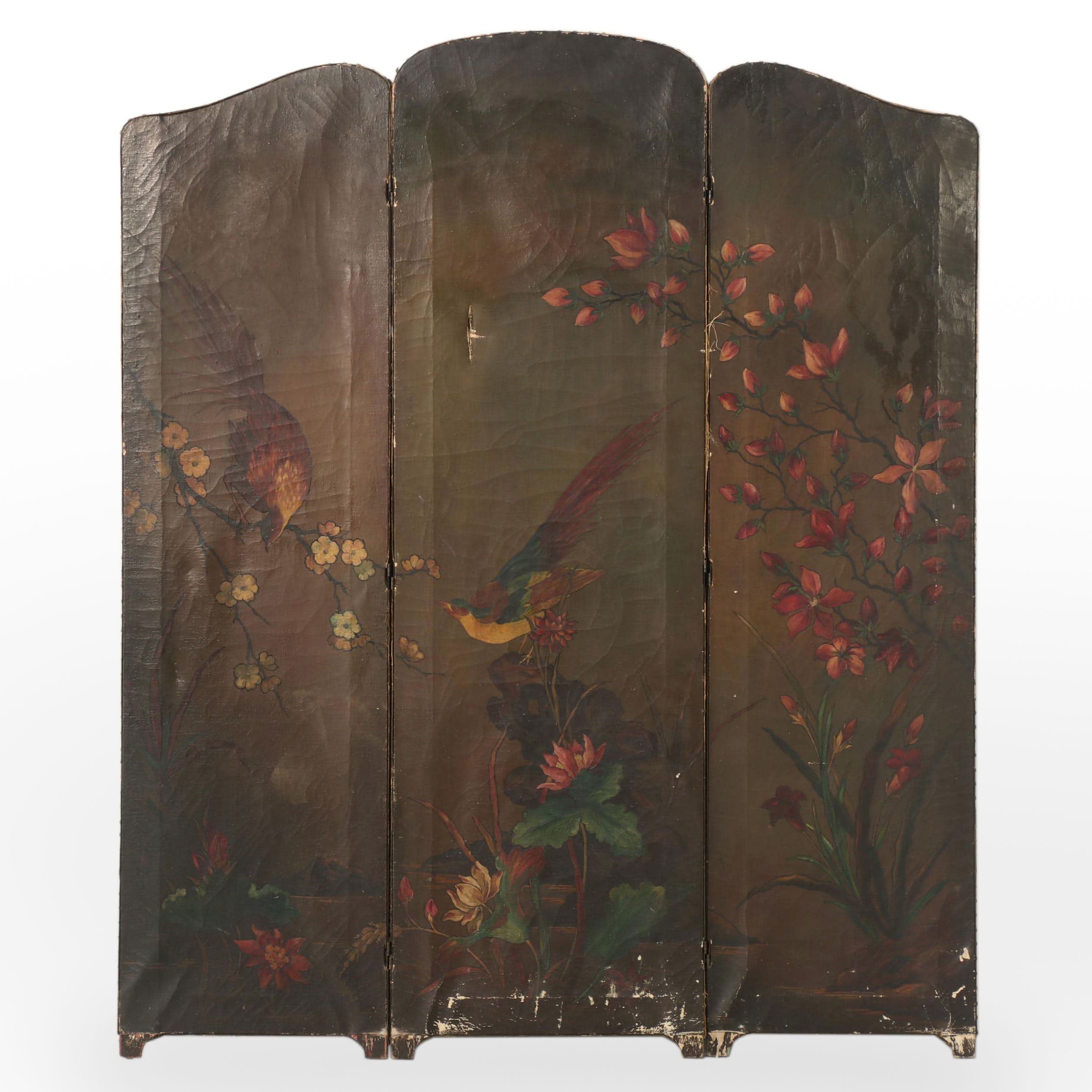 French Chinoiserie Style Hand-Painted Oil on Canvas Dressing Screen, 19th C