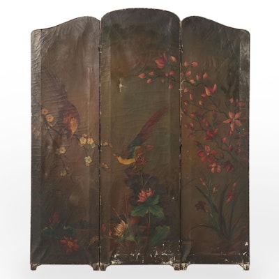 French Chinoiserie Style Hand-Painted Oil on Canvas Dressing Screen, 19th C