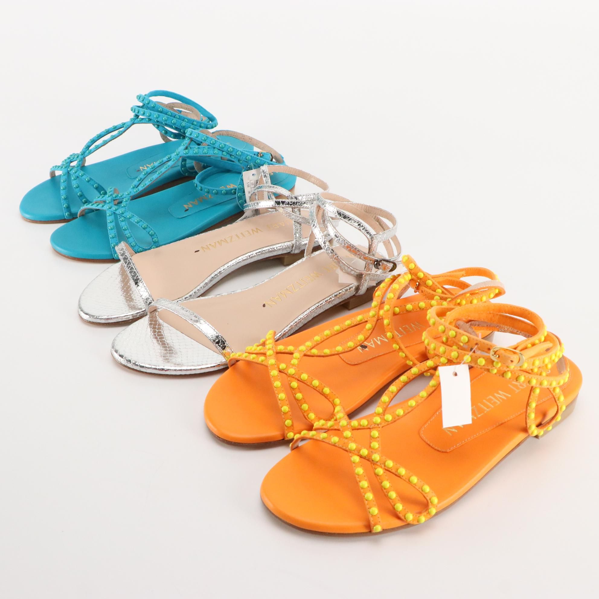 Stuart Weitzman Flat Sandals in Silver, Teal, & Orange Leather, New in Box
