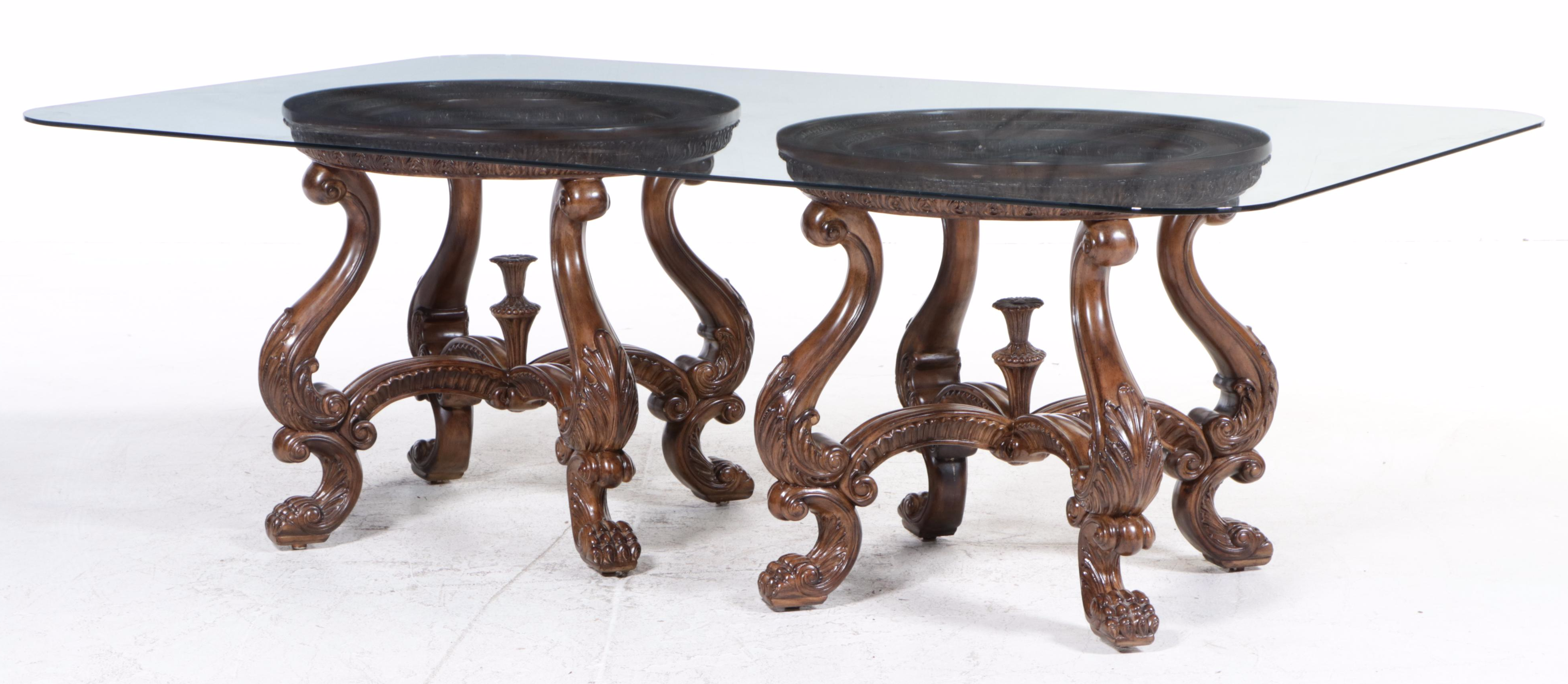 Henredon Georgian Style Glass Top Pedestal Dining Table and Chairs