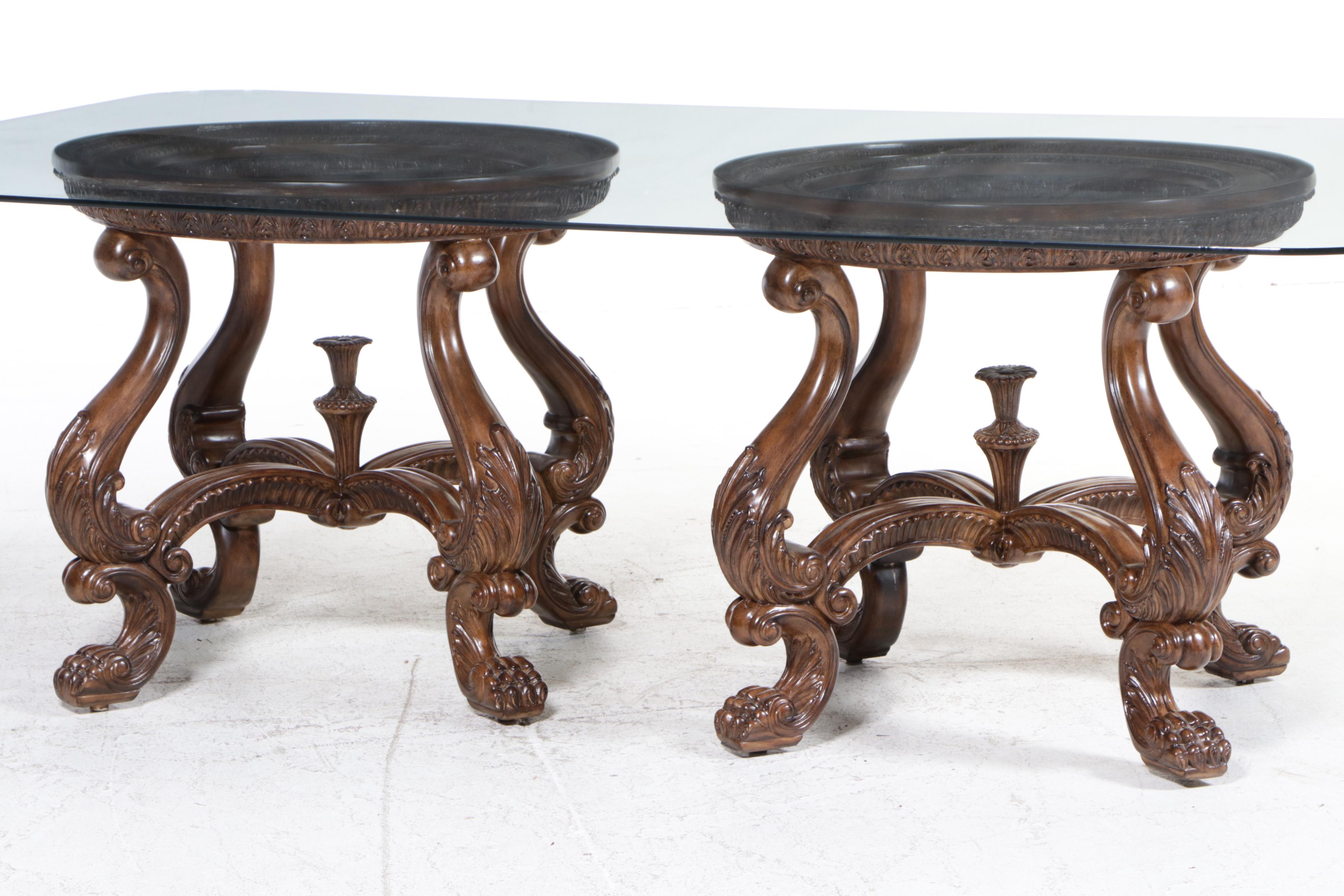 Henredon Georgian Style Glass Top Pedestal Dining Table and Chairs