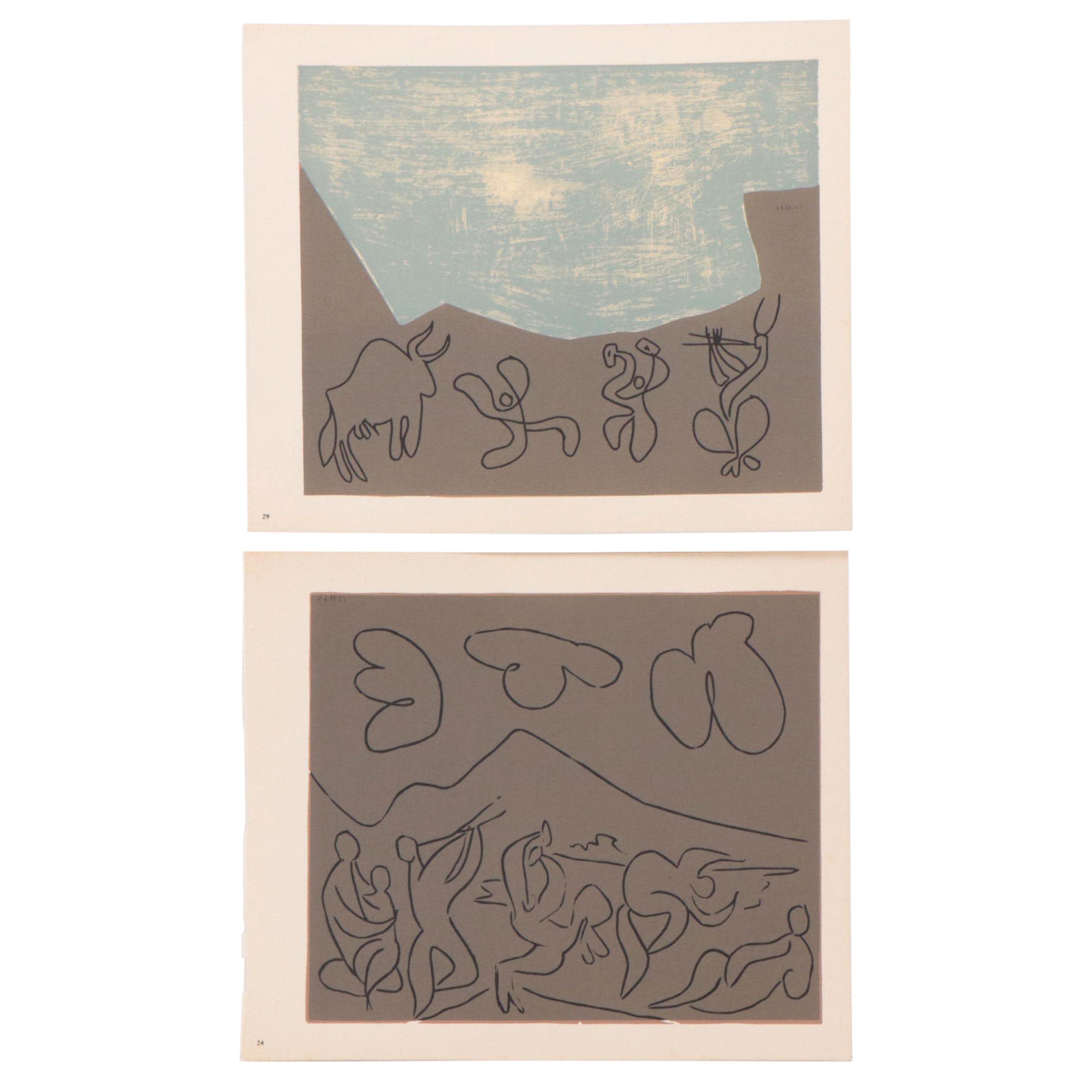 Pablo Picasso Linoleum Cuts "Bacchanal" and "Bacchanal with Bull," 1962