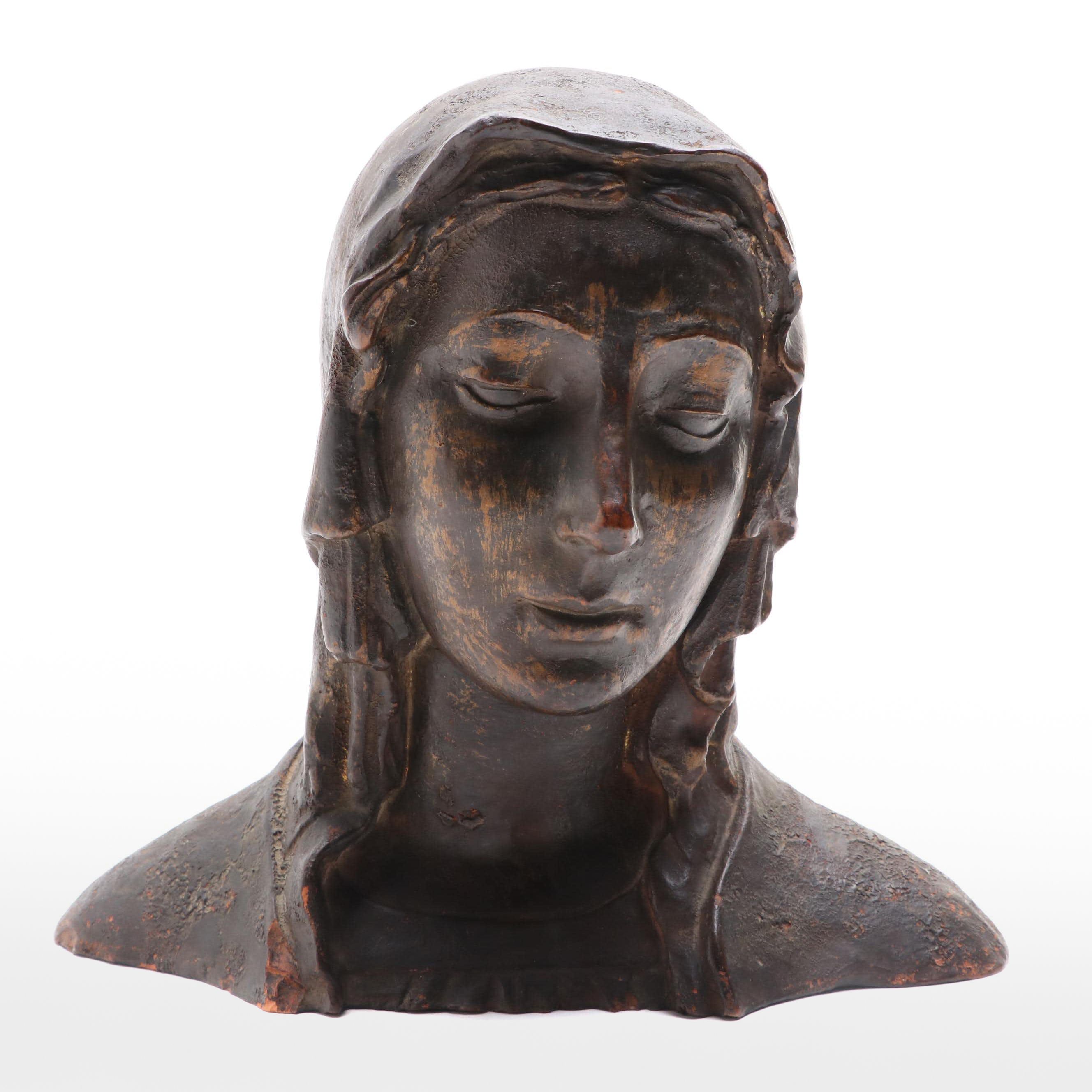 Modern Italian Bronze Bust of the Virgin Mary, Mid-20th Century