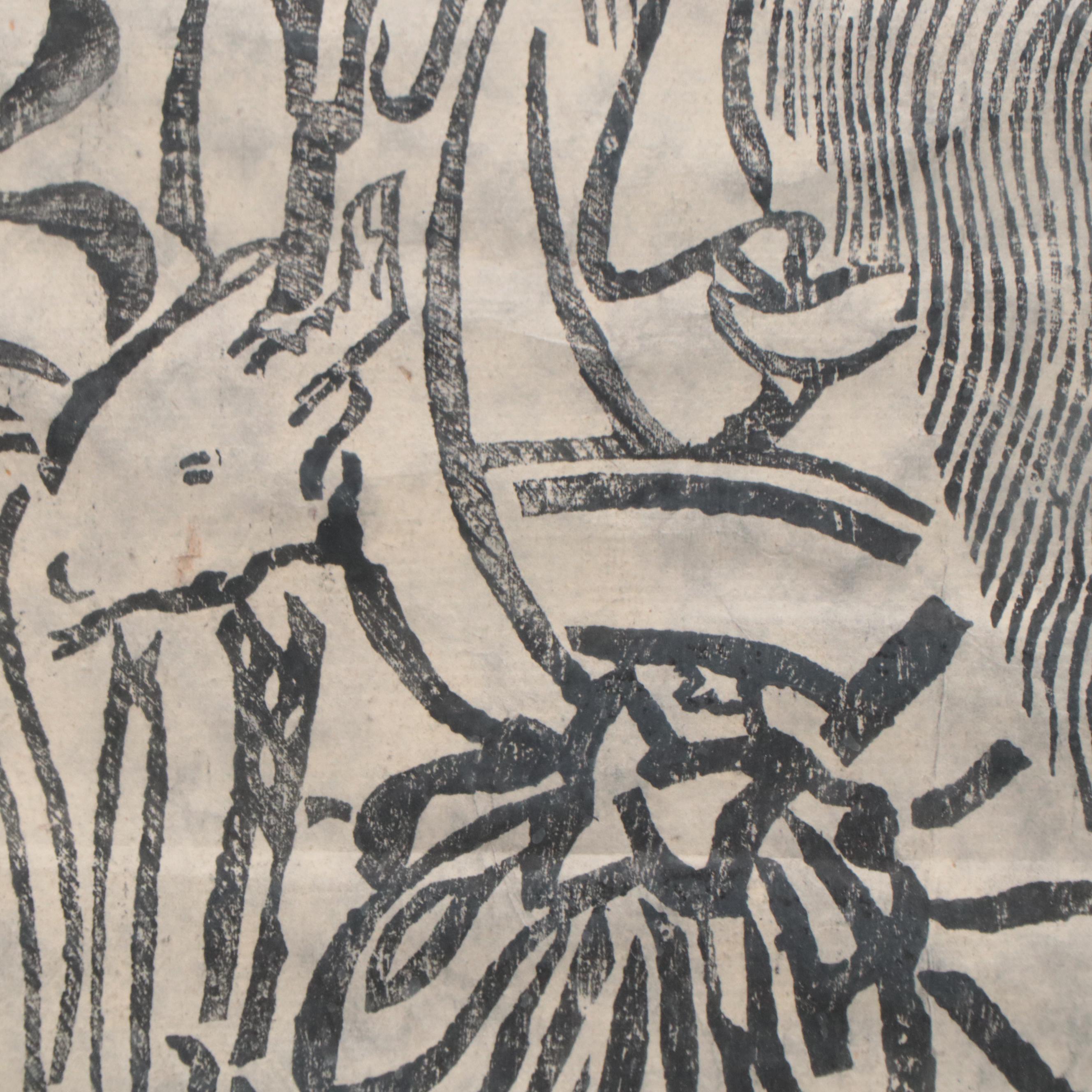 Woodcut of Old Man and Reindeer