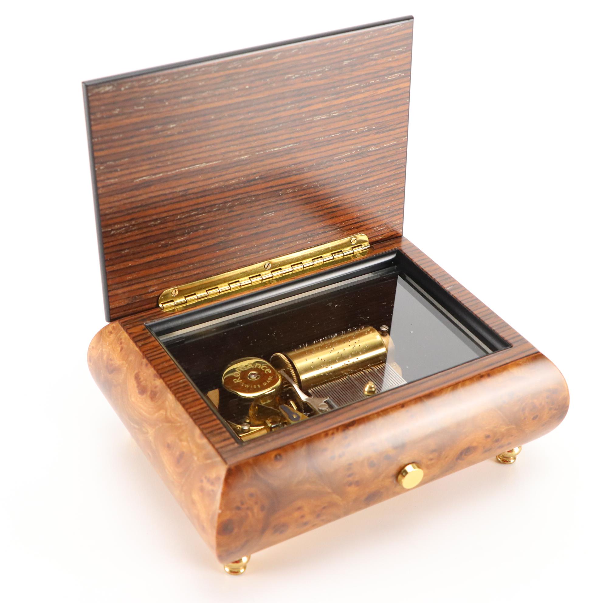 Romance Italian Burl Wood, Rosewood and Intarsia Inlay Music Box