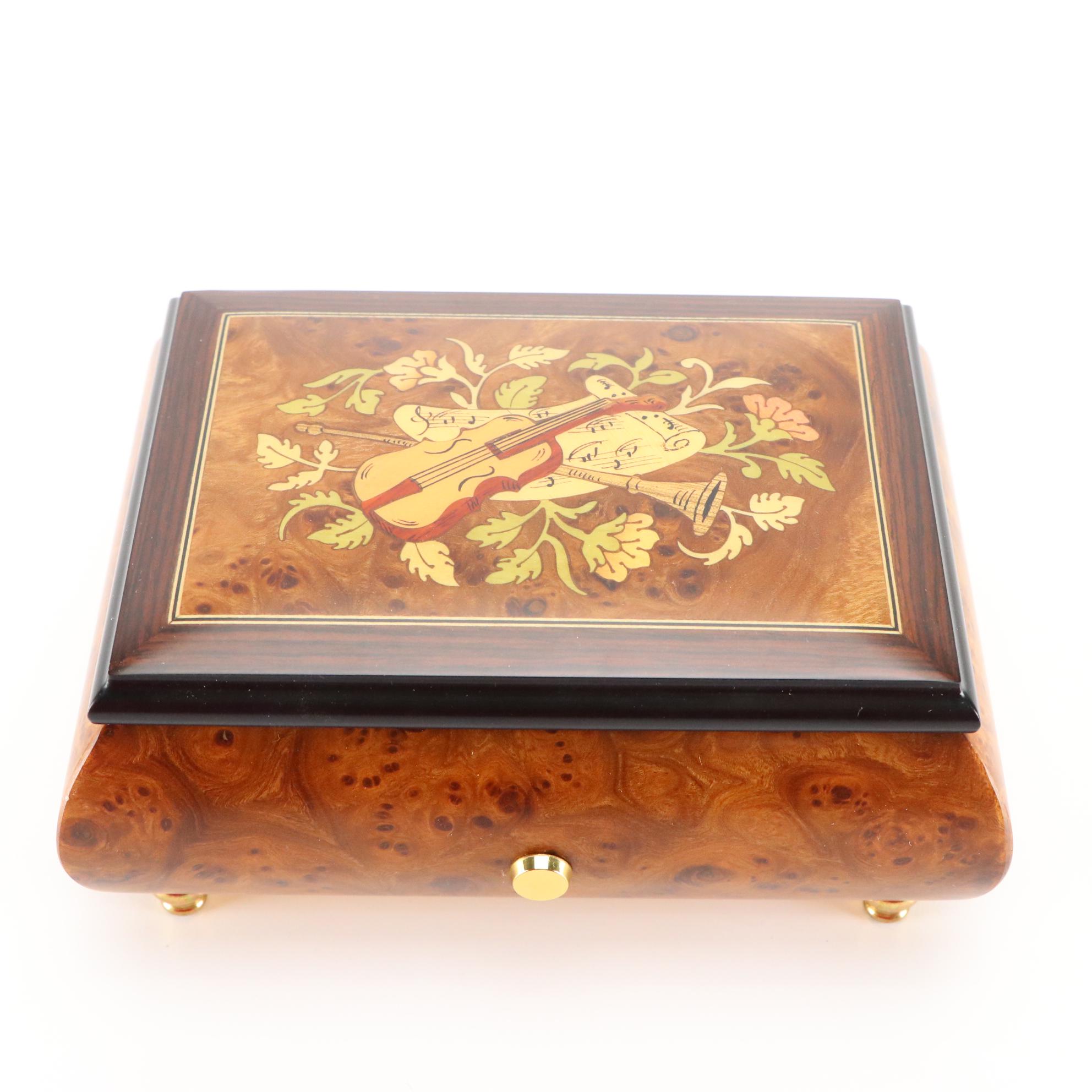 Romance Italian Burl Wood, Rosewood and Intarsia Inlay Music Box