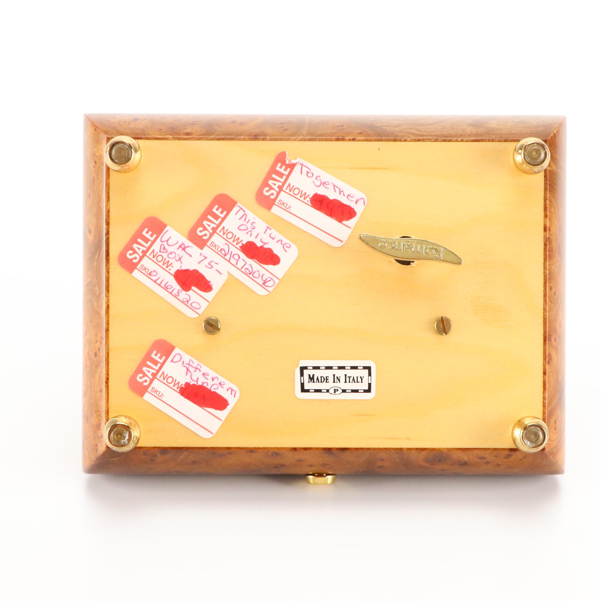 Romance Italian Burl Wood, Rosewood and Intarsia Inlay Music Box