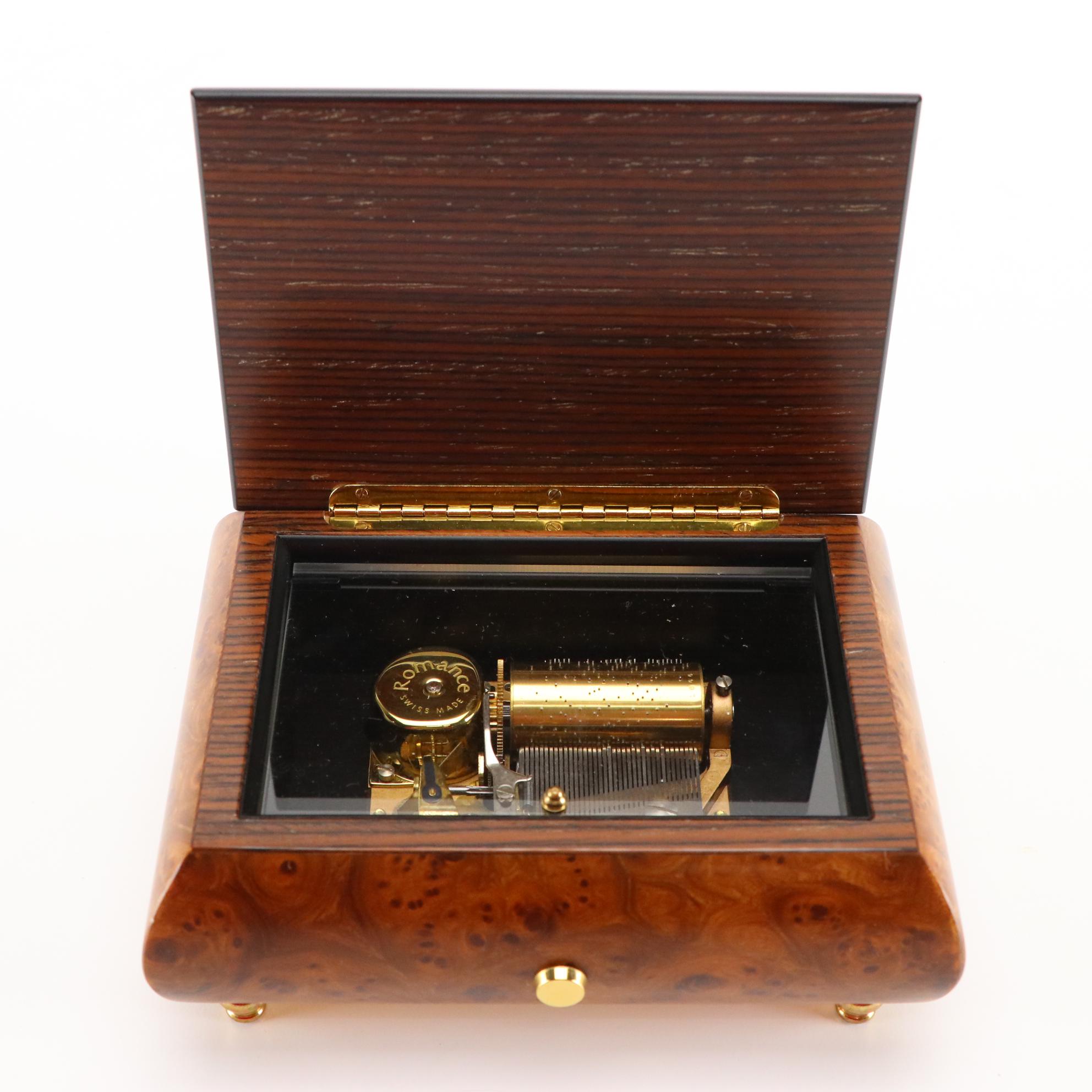 Romance Italian Burl Wood, Rosewood and Intarsia Inlay Music Box