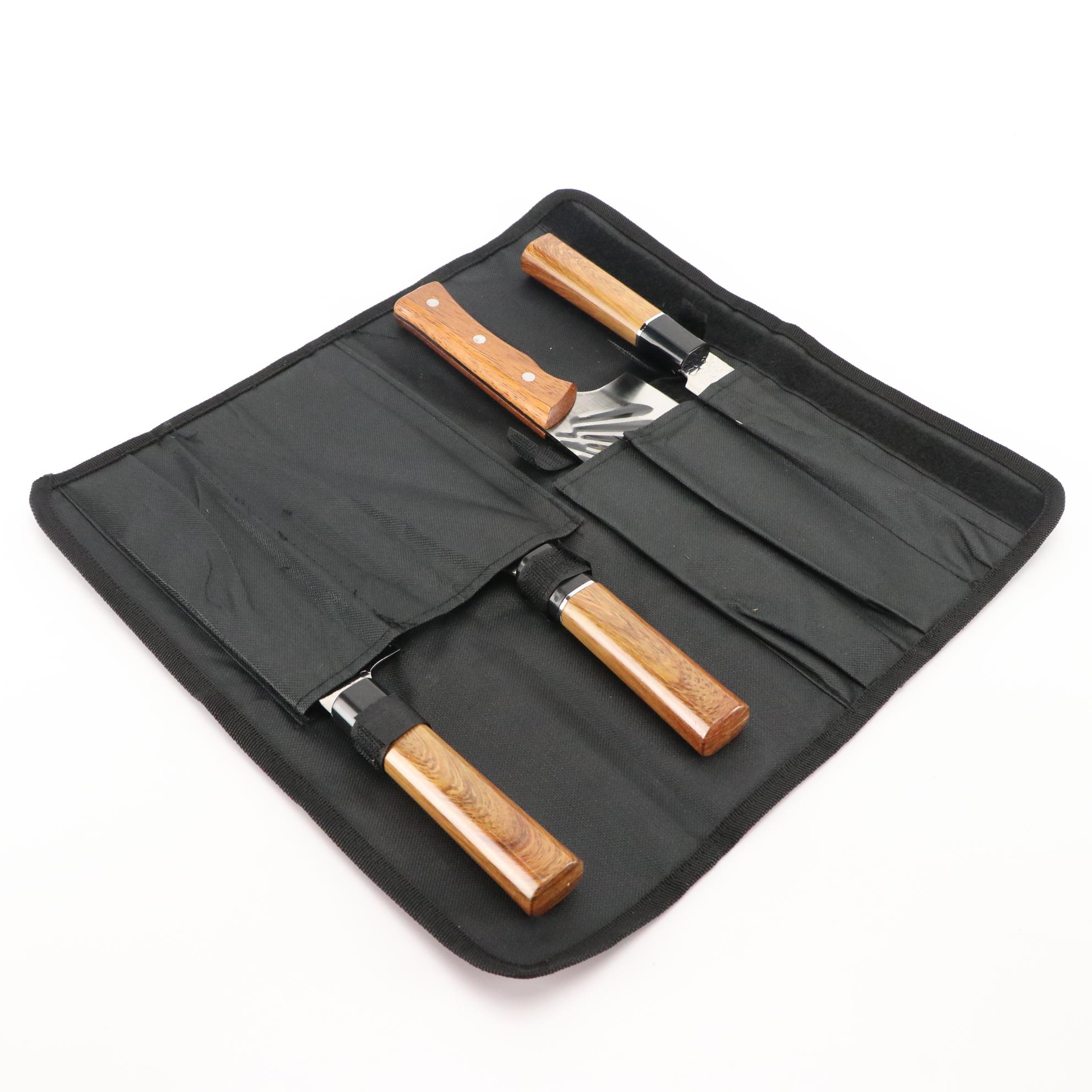 Four Piece Chef's Knife and Cleaver Set in Nylon Roll Case