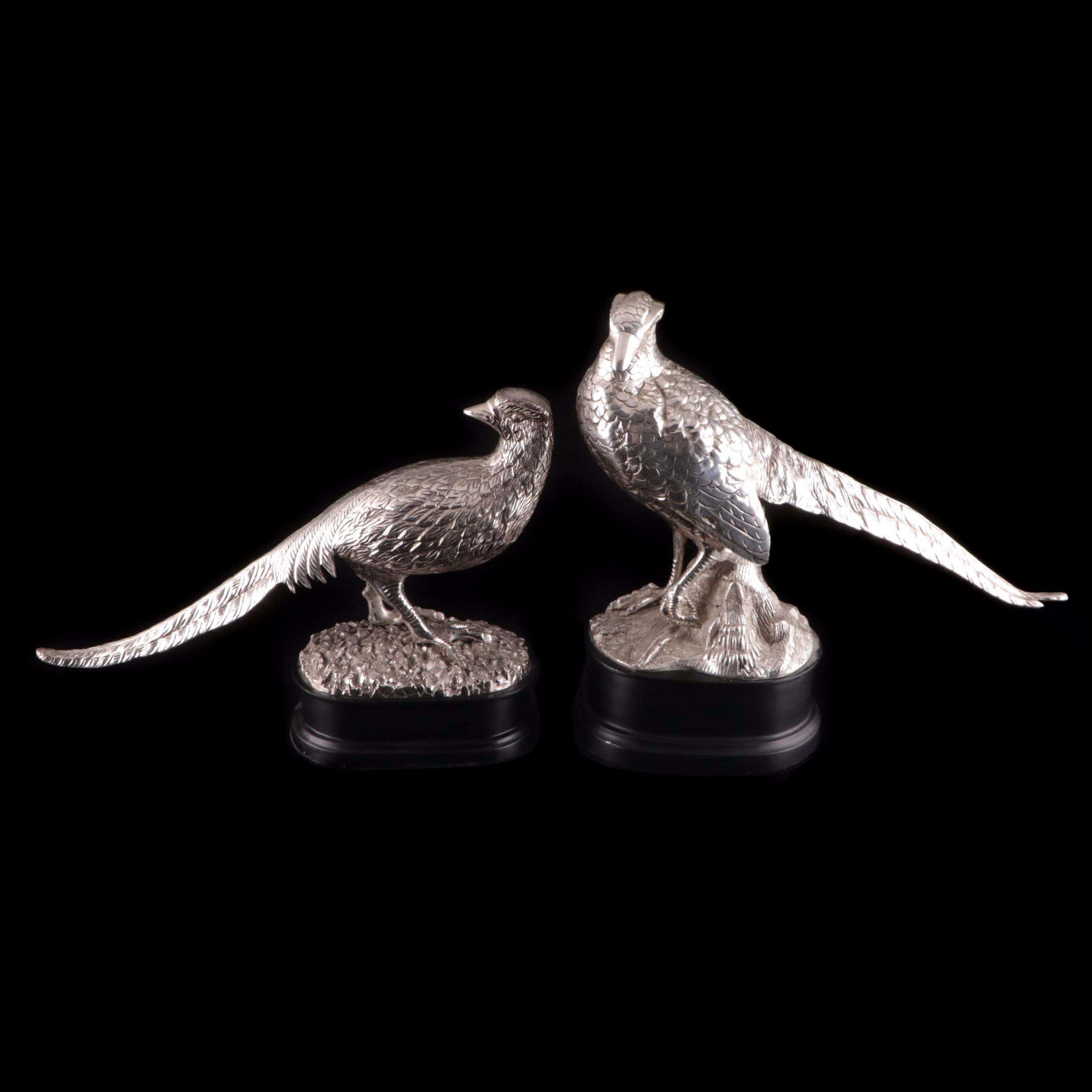 Cast Metal Pheasant Sculptures on Patinated Metal Bases