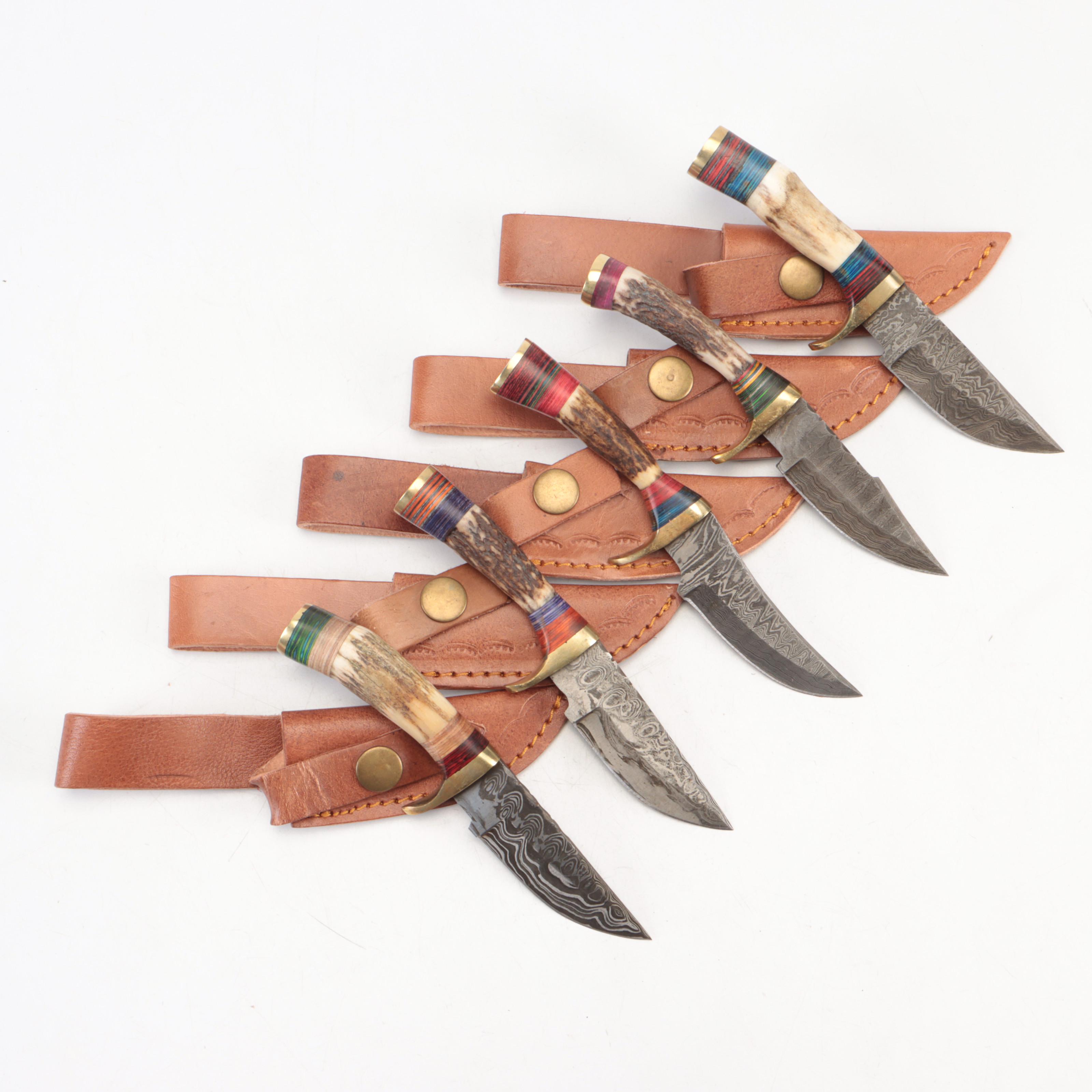 Five Stag Antler Handled Damascus Steel Blade Knives with Leather Sheaths