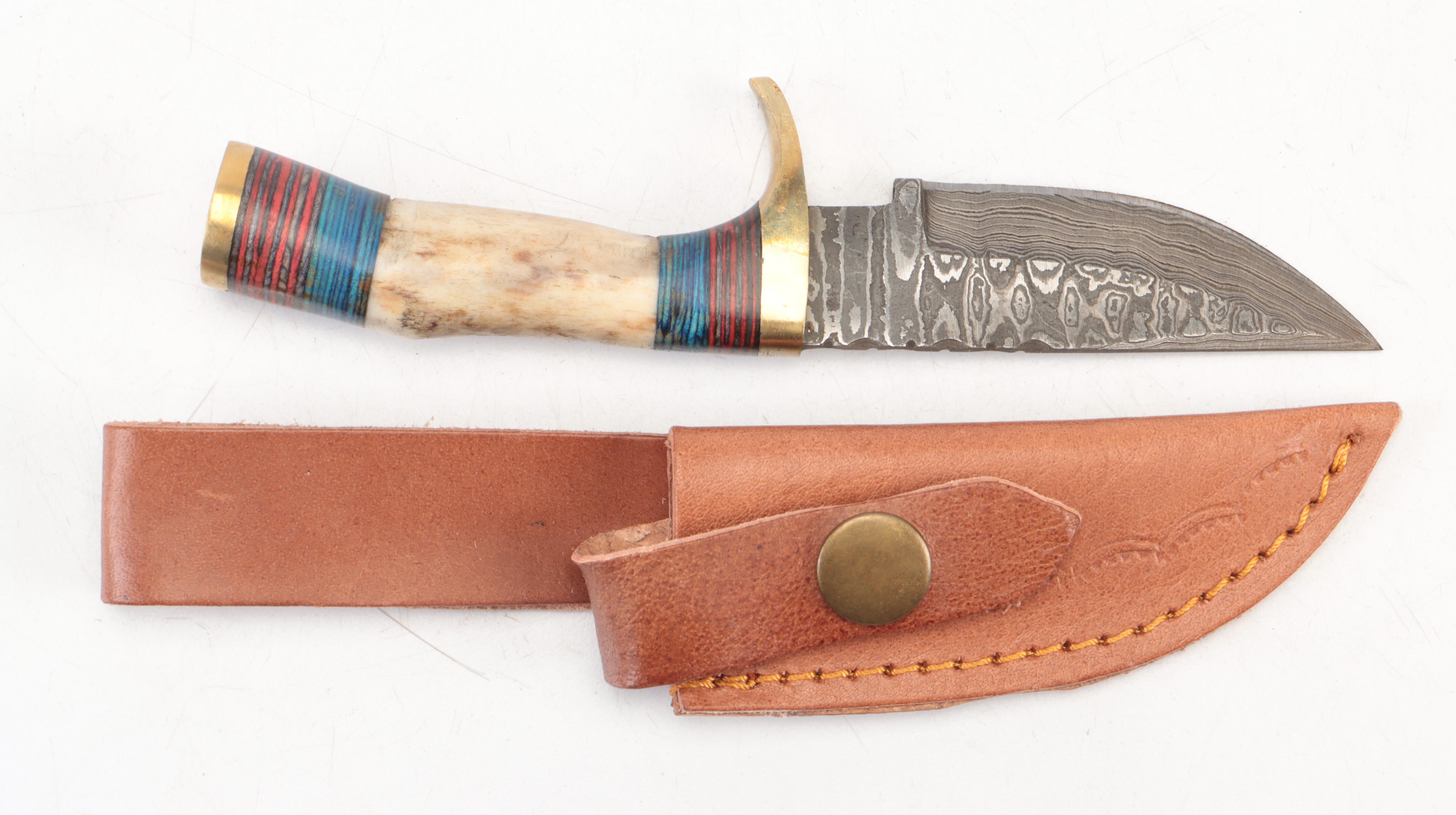 Five Stag Antler Handled Damascus Steel Blade Knives with Leather Sheaths