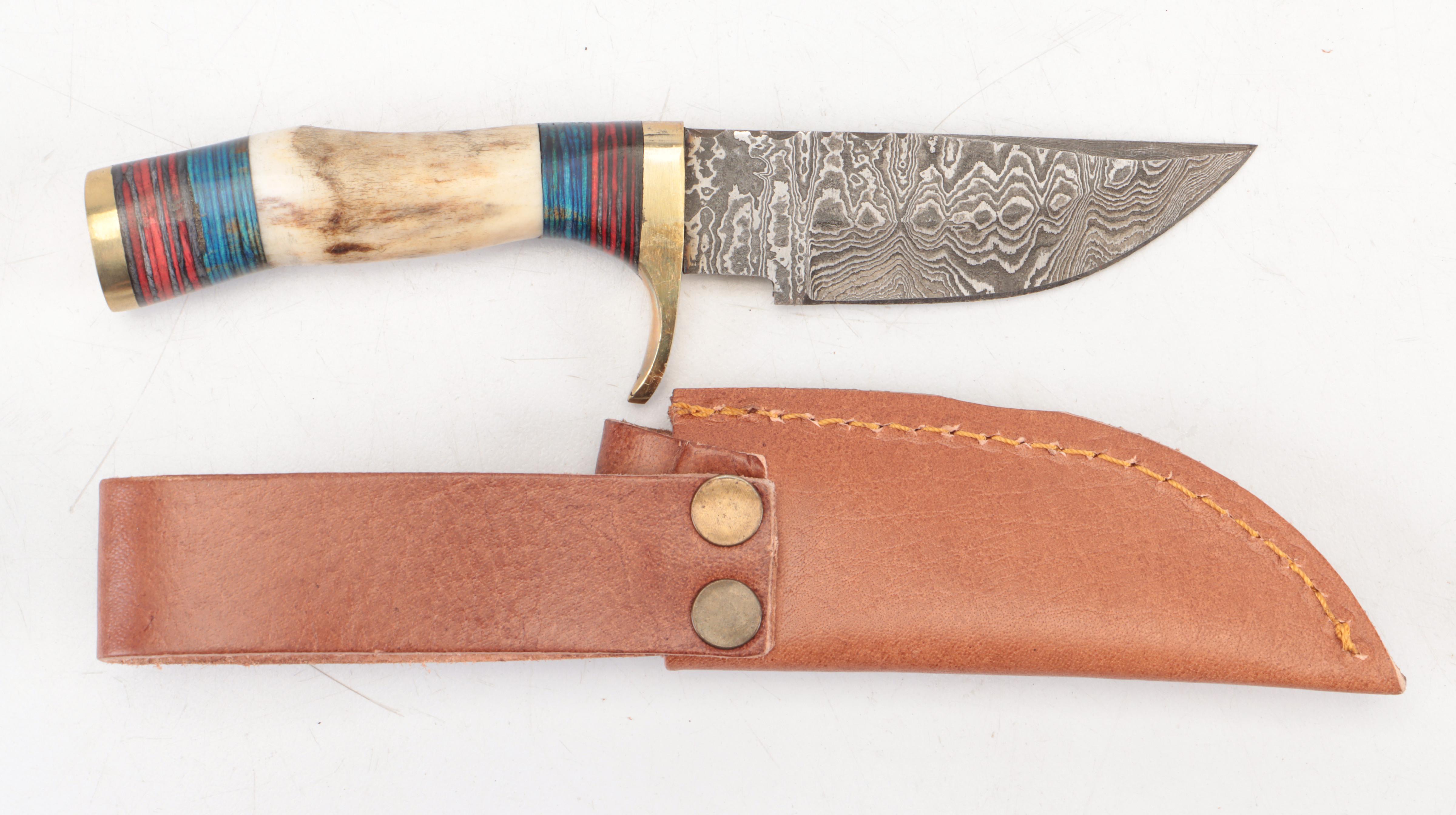 Five Stag Antler Handled Damascus Steel Blade Knives with Leather Sheaths