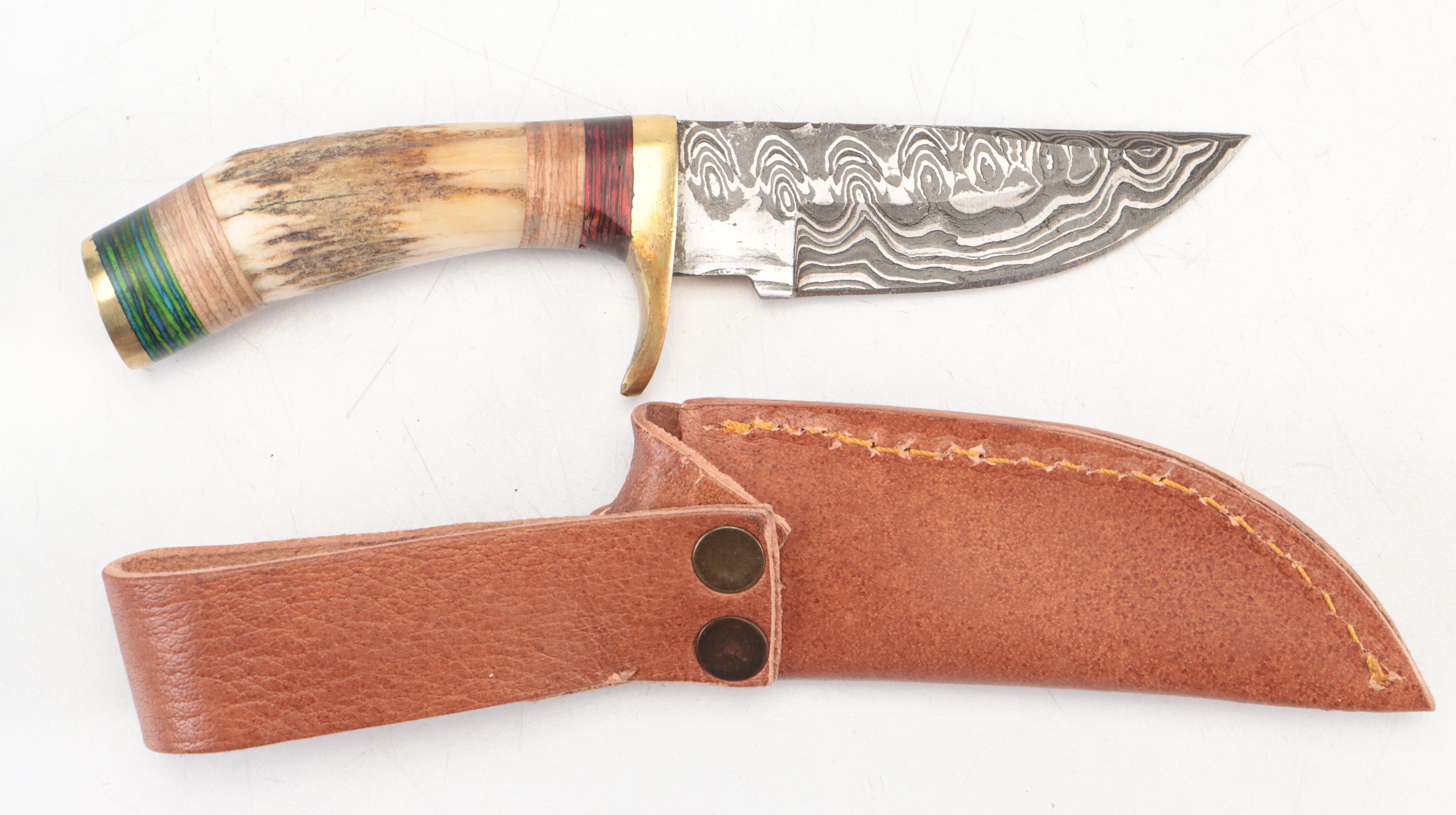 Five Stag Antler Handled Damascus Steel Blade Knives with Leather Sheaths